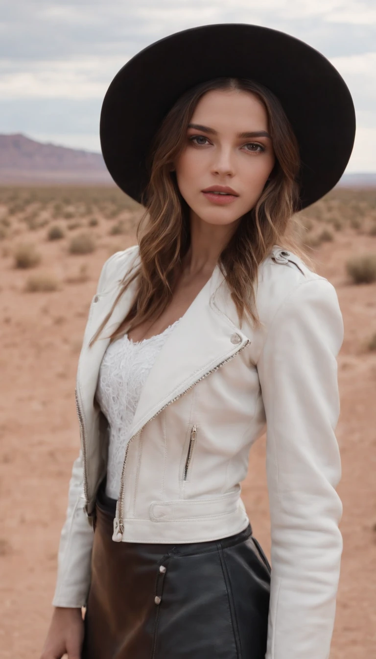 a young girl wearing a straw hat standing in the desert wearing a white dress and black leather jacket, in the style of celebrity photography, photo taken with provia, candid portraiture, genderless, leather/hide, modern jewelry, flickr