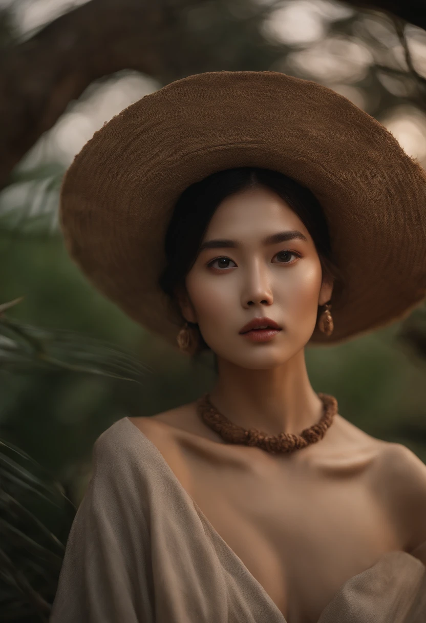 8K、high-level image quality、delicate、Stone Age、There are dinosaurs、Woman with good style、Wrapping a thin brown cloth around the body、Beautiful beauties、Profile staring in the twilight、delicate、spotless、wild