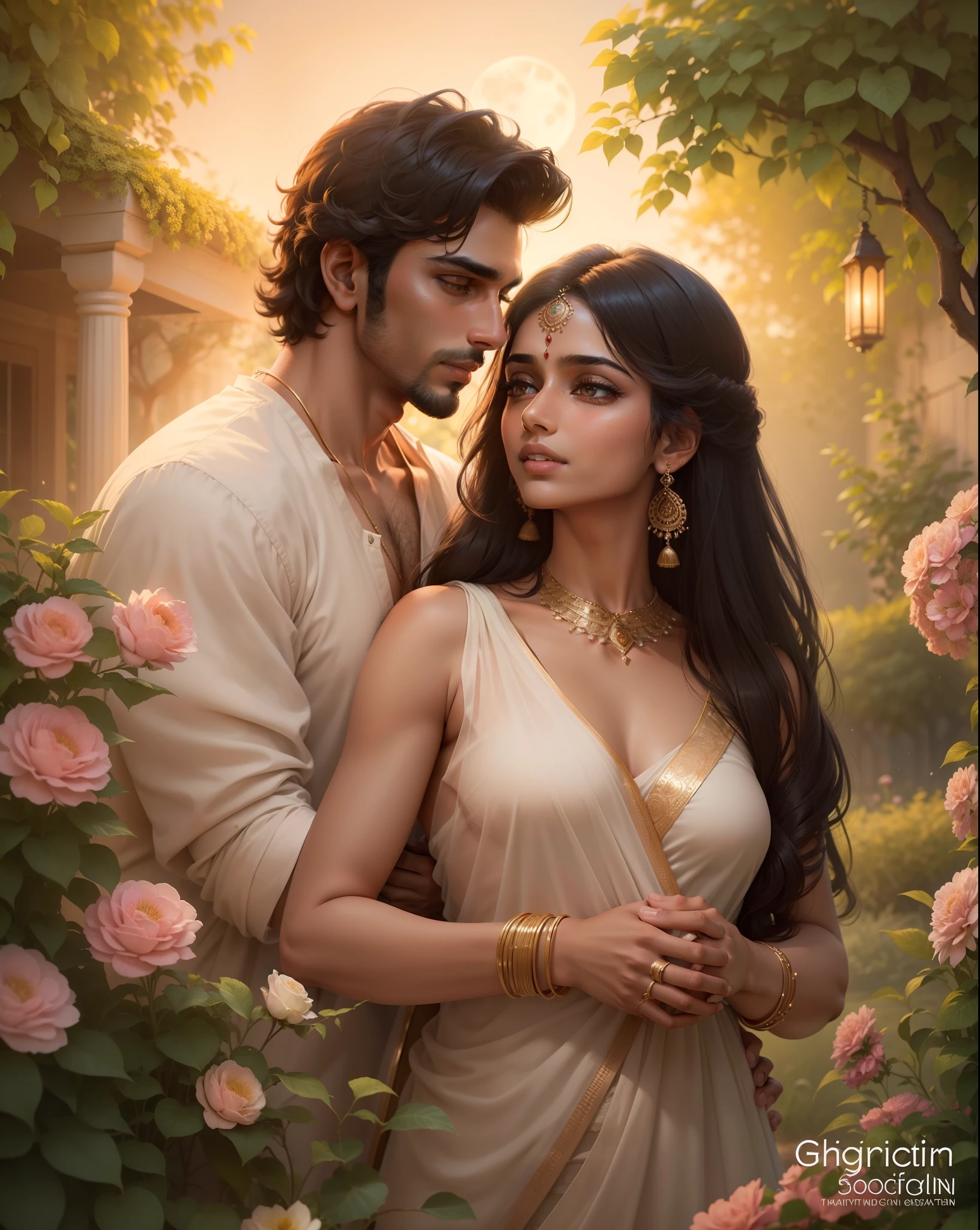 duo, where young Krishna, and Radha with her fair skin wearing jewelry, in nature, soft colors, depth of field, correct anatomy, aggressively making out, very sexy clothes, bsfw, kissing on neck passionately