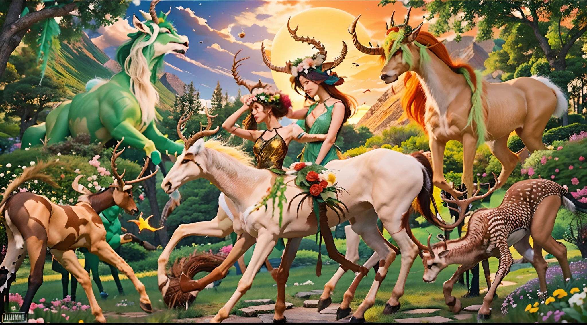 In the beautiful illustration of this super-grand scene，The ultra-distant lens shows us（Over eight separate and distinctive centaur characters：9.9），They all have their own characteristics，Vivid and interesting。Radiant from the heavens（Angelic centaurs：6.6），To nightmarish is（Centaurs surrounded by flames：6.6）、And then to the wind dancing in the air（Fairy centaurs：6.6）、And thunder and lightning surrounding（One-horned centaur：6.6），and shining metallic ones（Mechanical style centaur：6.6）、And then（A centaur with colorful dragon scales covering the whole body：6.6）The power is powerful、Elegant and agile（Elf centaur's slenderness：6.6）Gracefully wears a flower crown、Enchanting and charming（Tiflin centaurs：6.6）、Have the indescribable（Raised sexy：6.6）'s（Succubus centaurs：6.6）。Each character has their own unique charms and abilities。The illustration uses advanced artistic techniques and tools，（Divide the scene into sections by geometric arrangement：9.9），Each section corresponds to a centaur character，This makes more efficient use of space。Through Midjourney's advanced brush tools、Color palette、Material packs and model packs、Texture tools，For each centaur, beautiful props are designed to increase racial characteristics、Clothing and physical features，（Enhances the character's personality and visual appeal：2.5），The scenery in the illustrations is stunning，There are changing skies、rainbowing、extreme light、Stars and Moon。Incorporating iconic landmarks such as Mount Everest，and fireworks、tranquil lake、Natural and urban elements of waves and neon lights，Creates a magical atmosphere，The centaurs display their unique abilities and equipment in a variety of environments，This is true even in extreme alien landscapes。（Use Midjourney's tools、Material packs、Texture tools、The color palette makes depicting details vivid and realistic：9.9），From complex hairstyles and as well as different racial traits、Body、Appearance features、Clothing to real textures，This greatly enhances the realism of the cha