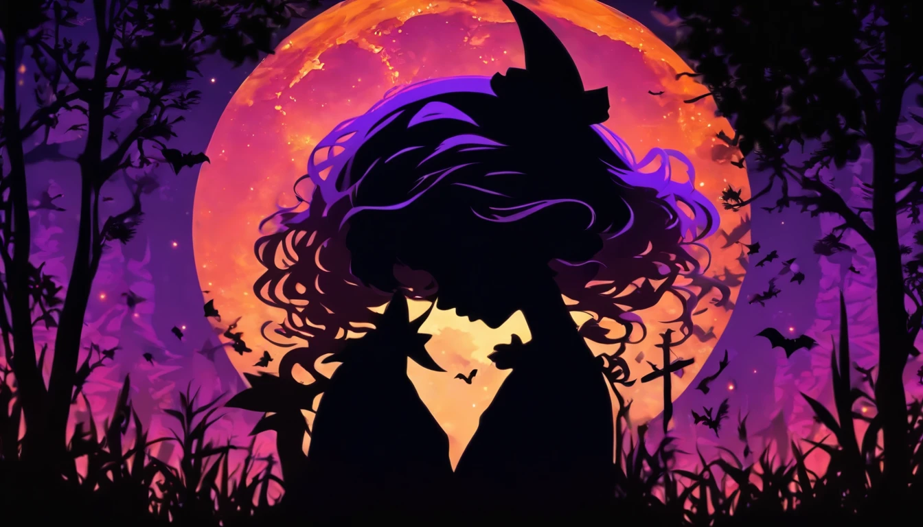 (Silhouette Art,cutouts:1.6)
(((Paper cutting art,A world where only black exists:1.3)
(Cowboy Shot),1 girl,Solo,
(Girl in a witch's hat,profile:1.2),white, Clear and beautiful face,The Moon Behind、Jack-o'-lantern、Bats
break
(Purple Moon)
Textured glass background,Arcana World