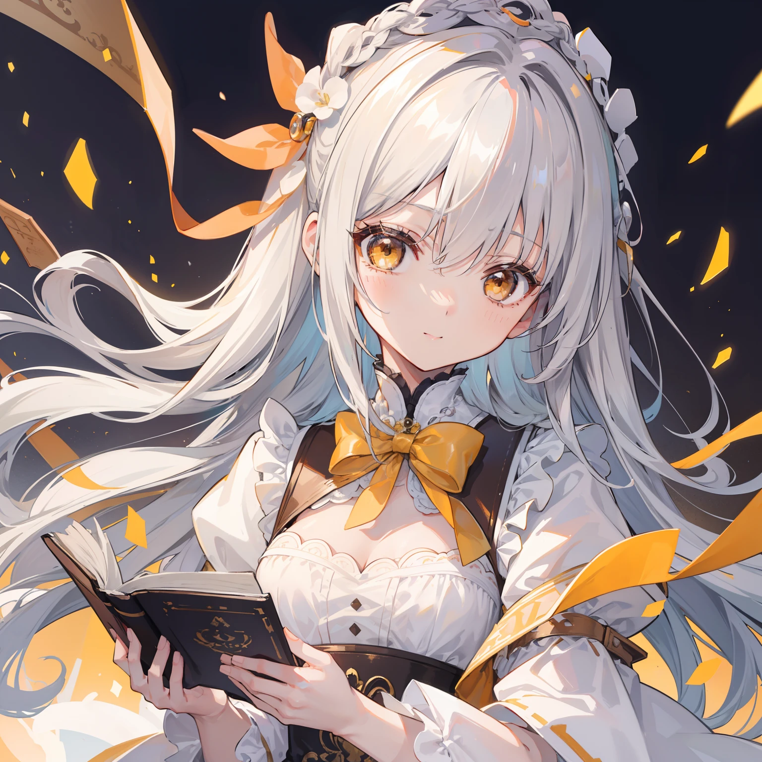 (Top image quality)、(ultra-detailliert)、(Facing the front)、top-quality、masterpiece、(((1girl in)))、girl with、silber hair、White hair、((Longhaire))、Braids、Gray eyes、Ruffled hair ornaments、lots of ruffles、lots of ribbons、Yellow ribbon、she has a cute expressive face、A slight smil、Fluffy and spreading hair、Single braid、Having a book、Holding a brown leather book、eyes with a mixture of yellow and orange color,