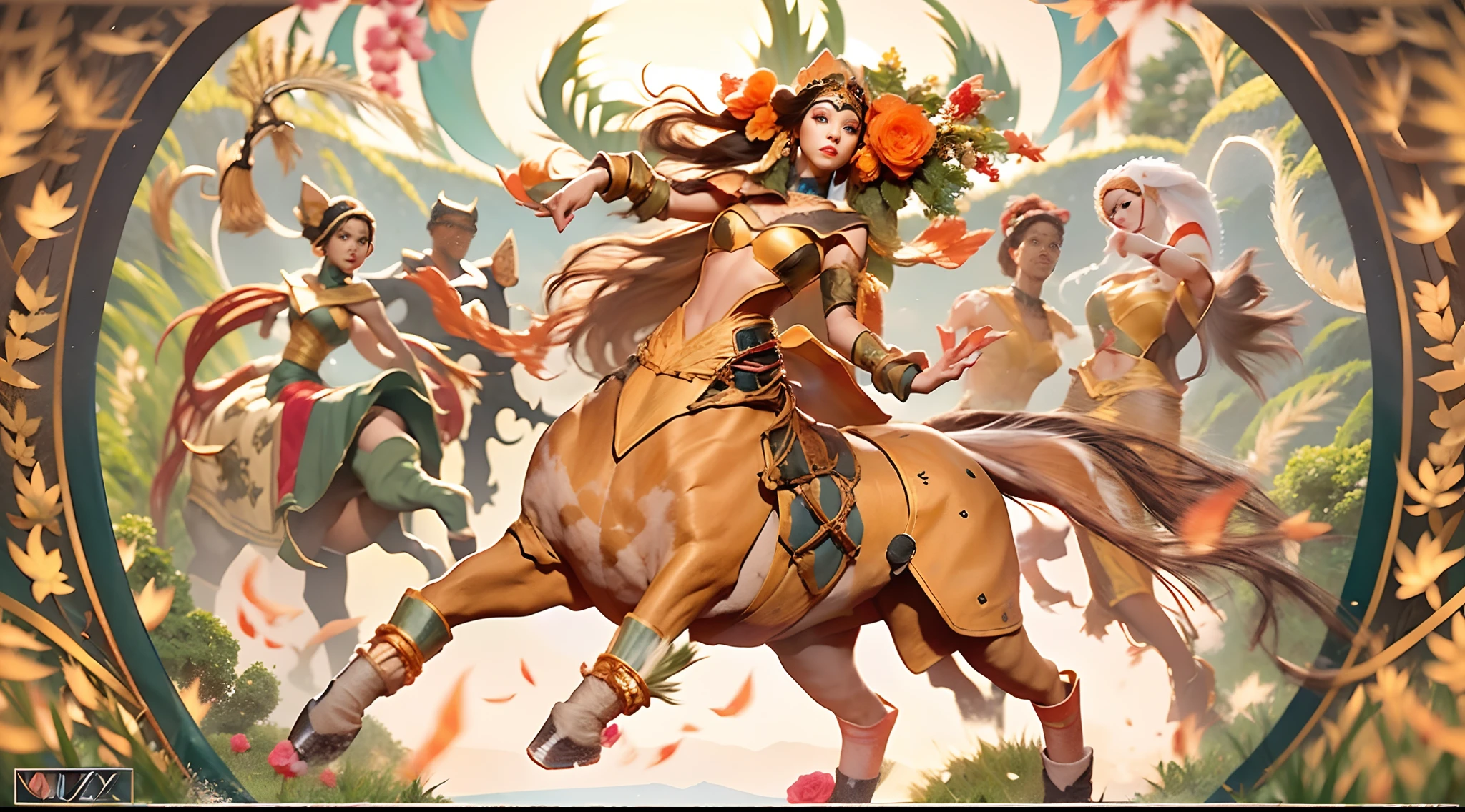 In the beautiful illustration of this super-grand scene，The ultra-distant lens shows us（Over eight separate and distinctive centaur characters：9.9），They all have their own characteristics，Vivid and interesting。Radiant from the heavens（Angelic centaurs：6.6），To nightmarish is（Centaurs surrounded by flames：6.6）、And then to the wind dancing in the air（Fairy centaurs：6.6）、And thunder and lightning surrounding（One-horned centaur：6.6），and shining metallic ones（Mechanical style centaur：6.6）、And then（A centaur with colorful dragon scales covering the whole body：6.6）The power is powerful、Elegant and agile（Elf centaur's slenderness：6.6）Gracefully wears a flower crown、Enchanting and charming（Tiflin centaurs：6.6）、Have the indescribable（Raised sexy：6.6）'s（Succubus centaurs：6.6）。Each character has their own unique charms and abilities。The illustration uses advanced artistic techniques and tools，（Divide the scene into sections by geometric arrangement：9.9），Each section corresponds to a centaur character，This makes more efficient use of space。Through Midjourney's advanced brush tools、Color palette、Material packs and model packs、Texture tools，For each centaur, beautiful props are designed to increase racial characteristics、Clothing and physical features，（Enhances the character's personality and visual appeal：2.5），The scenery in the illustrations is stunning，There are changing skies、rainbowing、extreme light、Stars and Moon。Incorporating iconic landmarks such as Mount Everest，and fireworks、tranquil lake、Natural and urban elements of waves and neon lights，Creates a magical atmosphere，The centaurs display their unique abilities and equipment in a variety of environments，This is true even in extreme alien landscapes。（Use Midjourney's tools、Material packs、Texture tools、The color palette makes depicting details vivid and realistic：9.9），From complex hairstyles and as well as different racial traits、Body、Appearance features、Clothing to real textures，This greatly enhances the realism of the cha