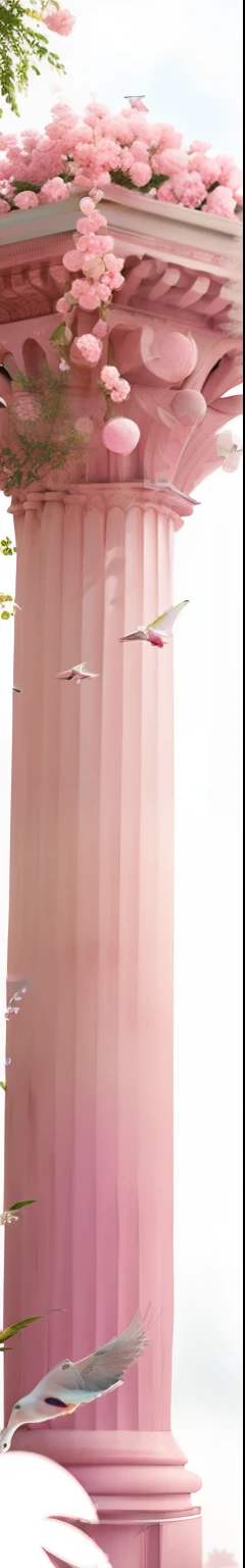 There is a pink flower column,A bird flies by, clemens ascher, inspired by Chris LaBrooy, pink iconic character, the walls are pink, Columns, Huge pillars and flowers, pink pastels, pillars, Wallpapers, In pastel colors, art nouveau octane render, inspired by Mike Winkelmann, Giant pillars, adorned pillars, PNG