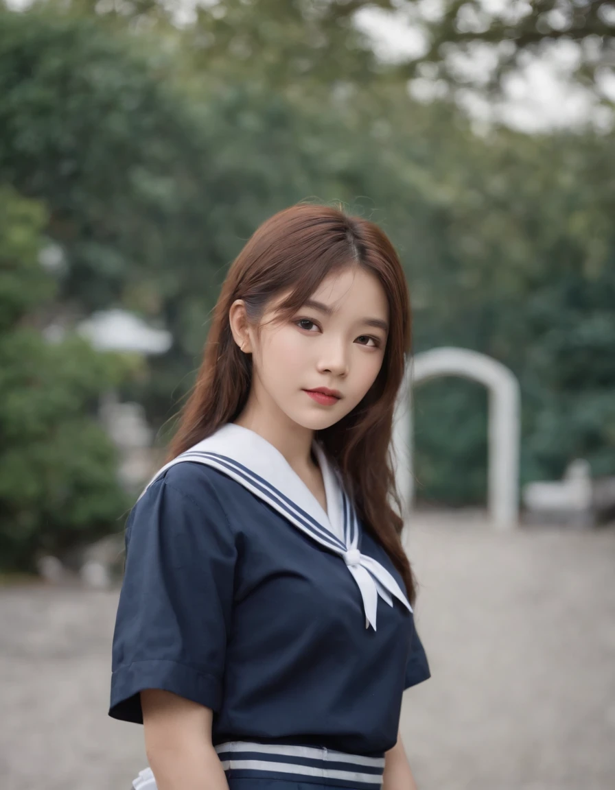 best quality, 1girl, long hair, beautiful eyes, ((japanese school shirt)), a sailor suit， short sleeves, White shirt，Dark blue pleated skirt,sailor collar, neckerchief,, outdoors,  high quality photo.versized portraits, core, upper body