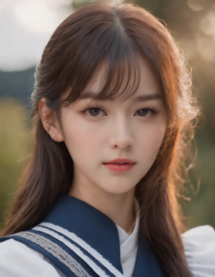best quality, 1girl, long hair, beautiful eyes, ((japanese school shirt)), a sailor suit， short sleeves, White shirt，Dark blue pleated skirt,sailor collar, neckerchief,, outdoors,  high quality photo.versized portraits, babycore, upper body