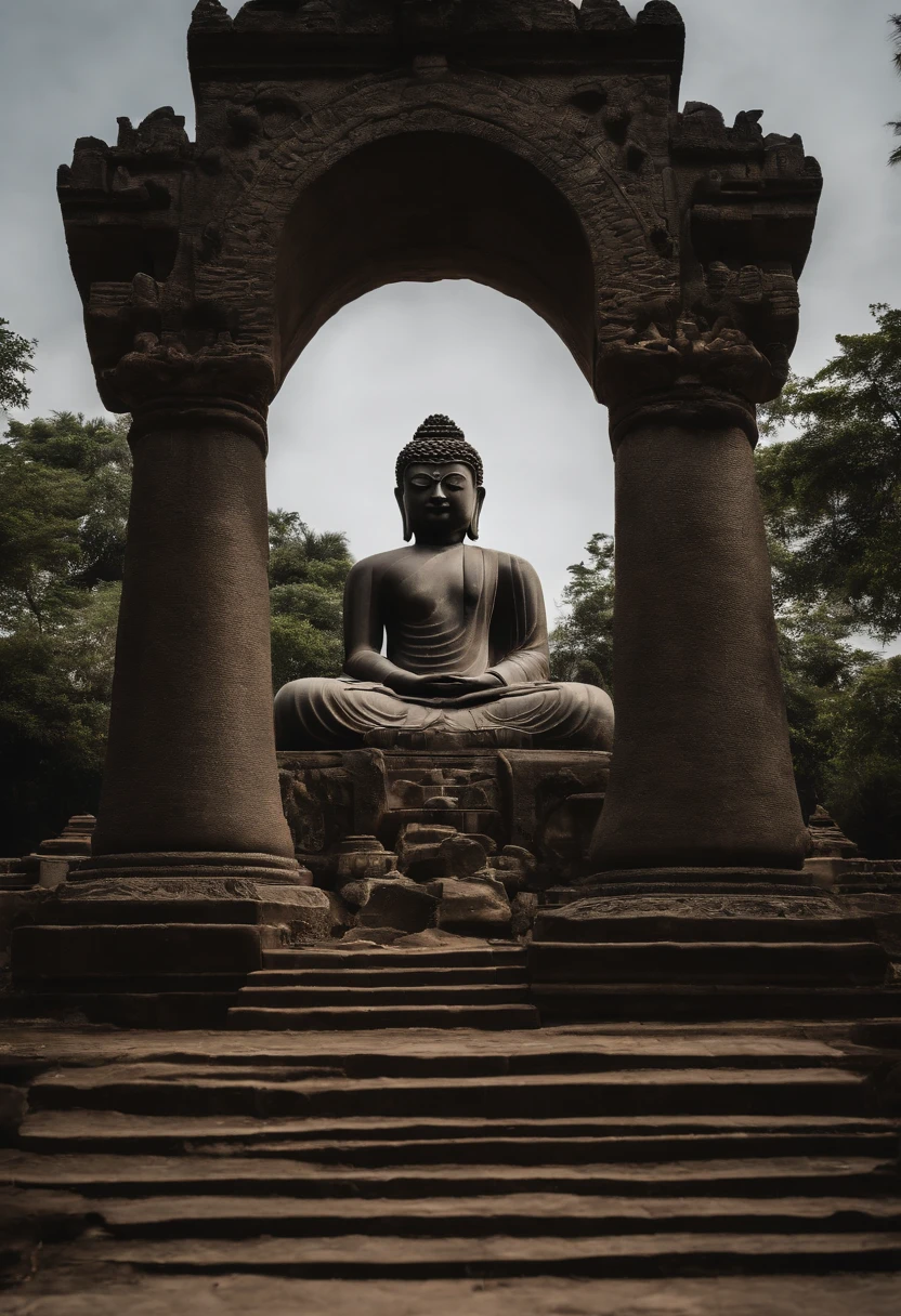 Huge stone Buddha statue,There are steps leading to it, Devout people。Zen temples