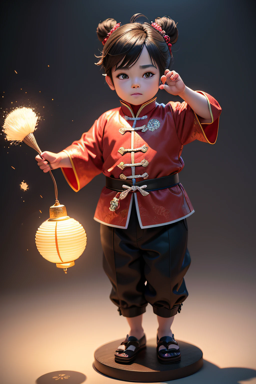 A super cute boy IP, made by POP mart, boy, boy, Chinese Peking Opera elements, in a bun, chubby face, brown hair, holding a vase, Chinese style, Chinese clothes, cute pose, sparkling eyes, best quality, clay material, full body, full body clean background, studio lighting, super fine, 3D, C4DBlender, OC Renderer, Ultra HD, 3D Rendering, Model, Blind Box Toy, Blind Box Toy, Smooth Detail, Clean Background, 3D Rendering, Extreme Detail, 8K, Extreme Sharpness, High Sharpening, Ray Tracing, Particle Effect, Studio Lighting, Rembrandt Effect, HD Quality, HD Colour Contrast