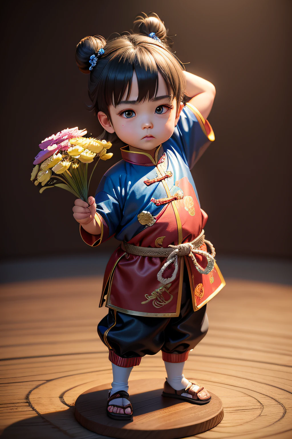 A super cute boy IP, made by POP mart, boy, boy, Chinese Peking Opera elements, in a bun, chubby face, brown hair, holding a vase, Chinese style, Chinese clothes, cute pose, sparkling eyes, best quality, clay material, full body, full body clean background, studio lighting, super fine, 3D, C4DBlender, OC Renderer, Ultra HD, 3D Rendering, Model, Blind Box Toy, Blind Box Toy, Smooth Detail, Clean Background, 3D Rendering, Extreme Detail, 8K, Extreme Sharpness, High Sharpening, Ray Tracing, Particle Effect, Studio Lighting, Rembrandt Effect, HD Quality, HD Colour Contrast