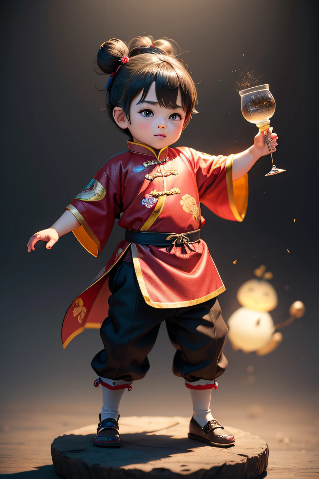 A super cute little boy IP, made by POP mart, boy, boy, Chinese Peking Opera elements, in a bun, chubby face, brown hair, holding a vase, Chinese style, Chinese clothes, cute pose, sparkling eyes, best quality, clay material, full body, full body clean background, studio lighting, super fine, 3D, C4DBlender, OC Renderer, Ultra HD, 3D Rendering, Model, Blind Box Toy, Blind Box Toy, Smooth Detail, Clean Background, 3D Rendering, Extreme Detail, 8K, Extreme Sharpness, High Sharpening, Ray Tracing, Particle Effect, Studio Lighting, Rembrandt Effect, HD Quality, HD Colour Contrast