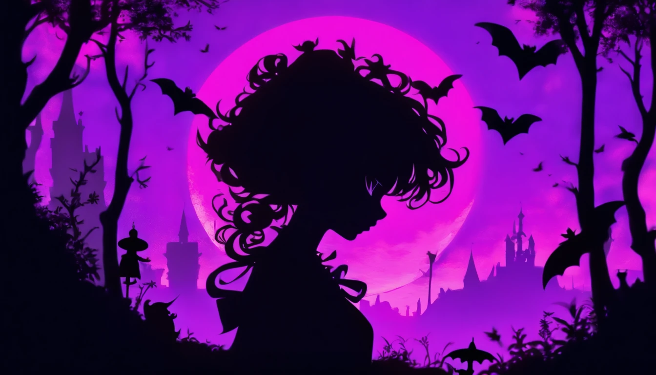 (Silhouette Art,cutouts:1.6)
(((Paper cutting art,A world where only black exists:1.3)

(Cowboy Shot),1 girl,Solo,
(Girl in a witch's hat,profile:1.2),white, Clear and beautiful face,The Moon Behind、Jack-o'-lantern、Bats

break
(Purple Moon)
Textured glass background,Arcana World