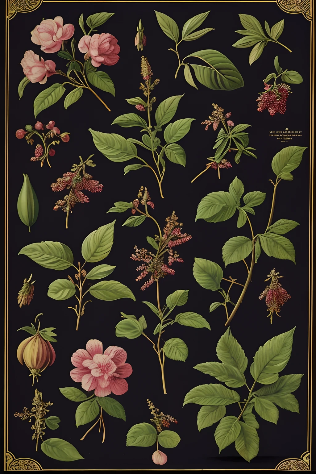 Vintage Victorian style Precise botanical encyclopedia (best quality:1.2), (detailed:1.2), (masterpiece:1.2), vintage botanical illustrations of berries and flowers, ((black background))
