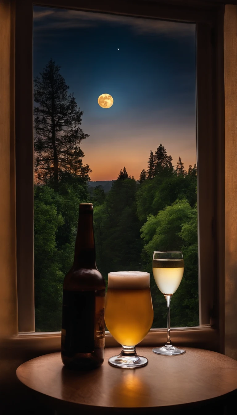 There was only a bottle of beer on the table,Moon in the background,peaceful night,A little treetops peek out on the side,The overall ambient light is dim,Positive perspective,The camera distances itself from the bottle,Record covers,The picture is simple,Do not appear in wine glasses