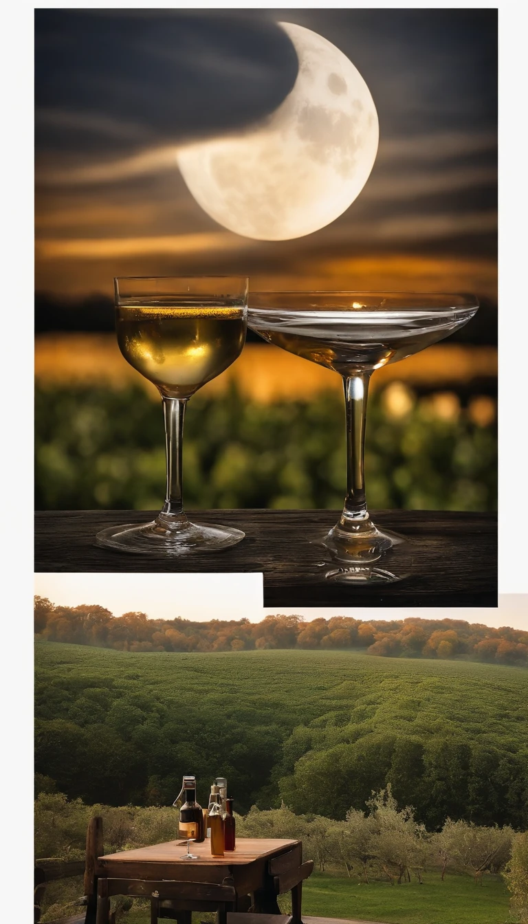 There was only a bottle of beer on the table，Moon in the background，peaceful night，A little treetops peek out on the side，The overall ambient light is dim，Positive perspective，The camera distances itself from the bottle，Record covers，The picture is simple，Do not appear in wine glasses