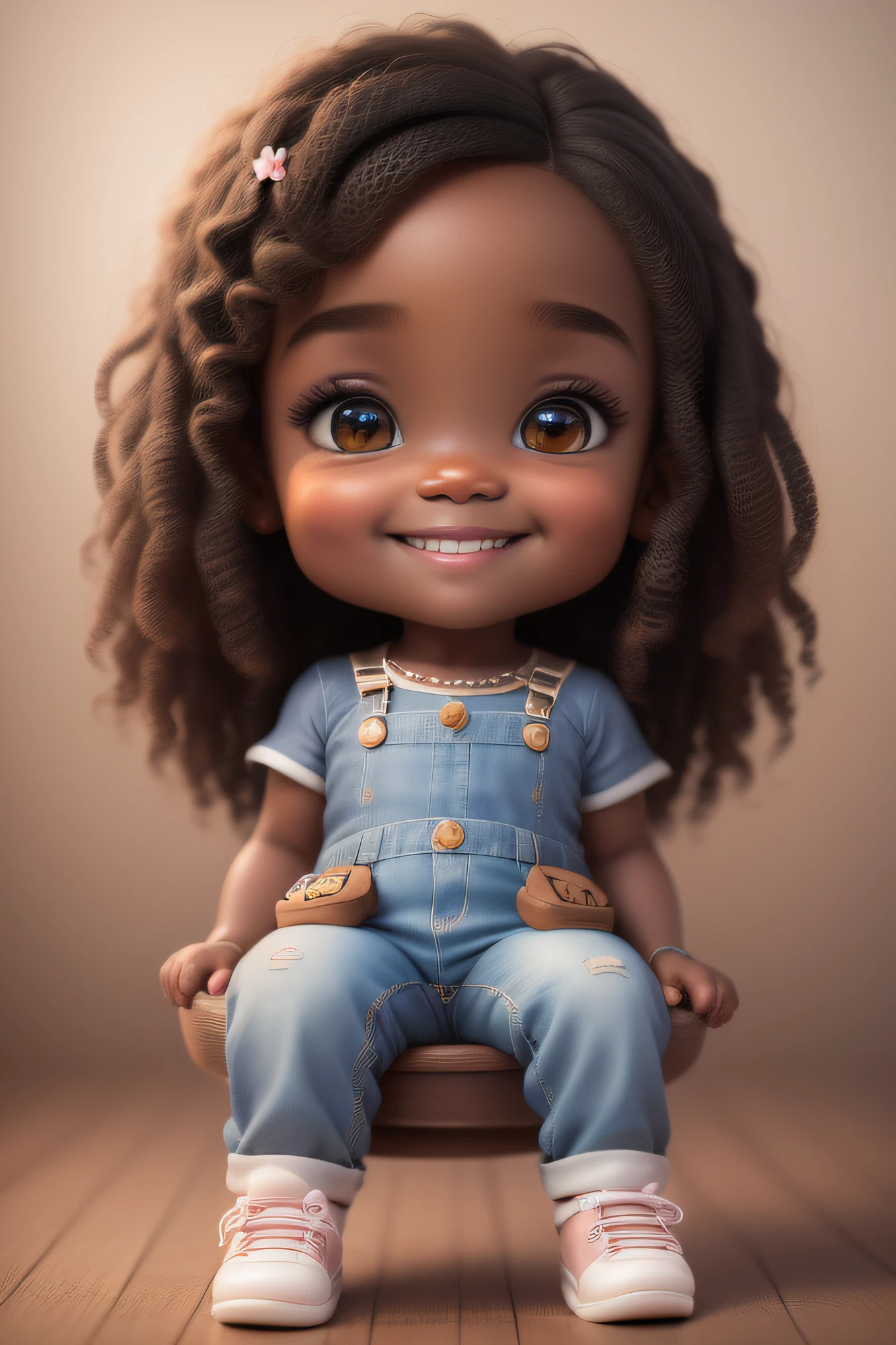 chibi 1 African  dark brown skin:5, cute smile, sitting ((full body))) "singing with a microphone" realistic shadows, sparkling eyes, detailed skin, slightly sparkling light brown eyes, pose for photo, long black hair and curly, flowers in hair, rapunzel style, very detailed, highly detailed 8k face, perfect face shape, perfect full lips, perfect nose, beautiful and correct eyes, observant, wedding dress: 3.45, hair flowers, artwork raw, best quality, single, jeans, alone, advanced chibi