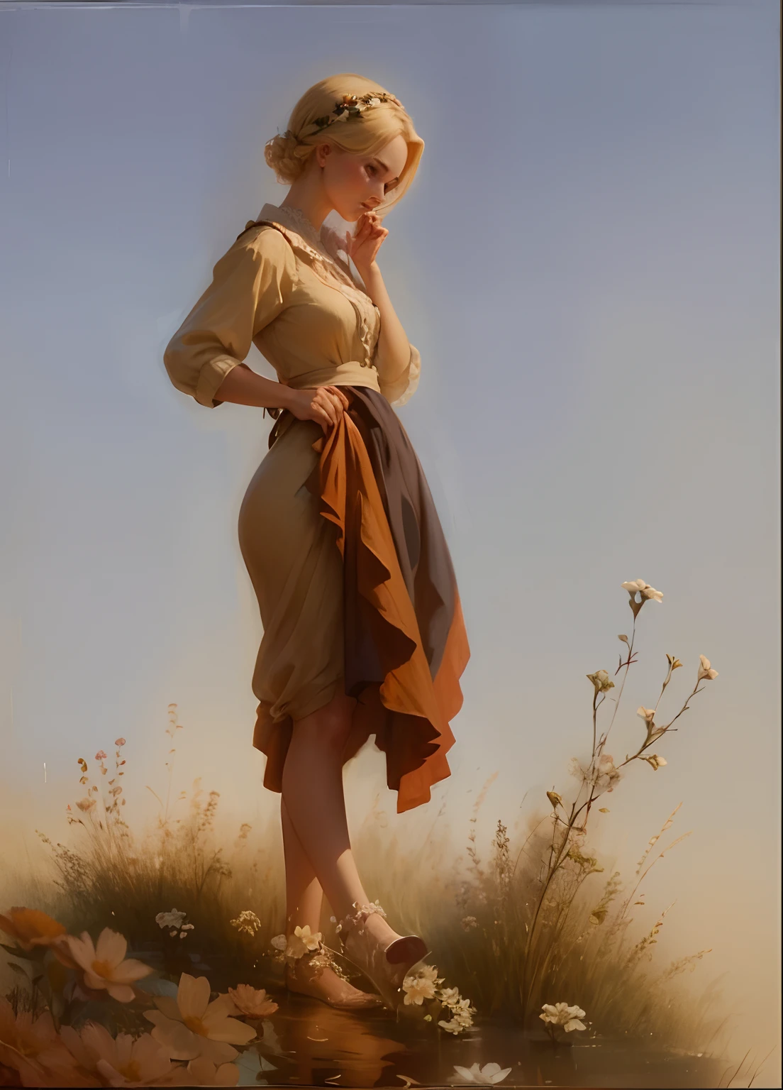 Beautiful blonde woman gazing in reflection at flowers, 8k resolution, artistic style, beautiful detail, Lady with Flowers by Leopold Schmutzler