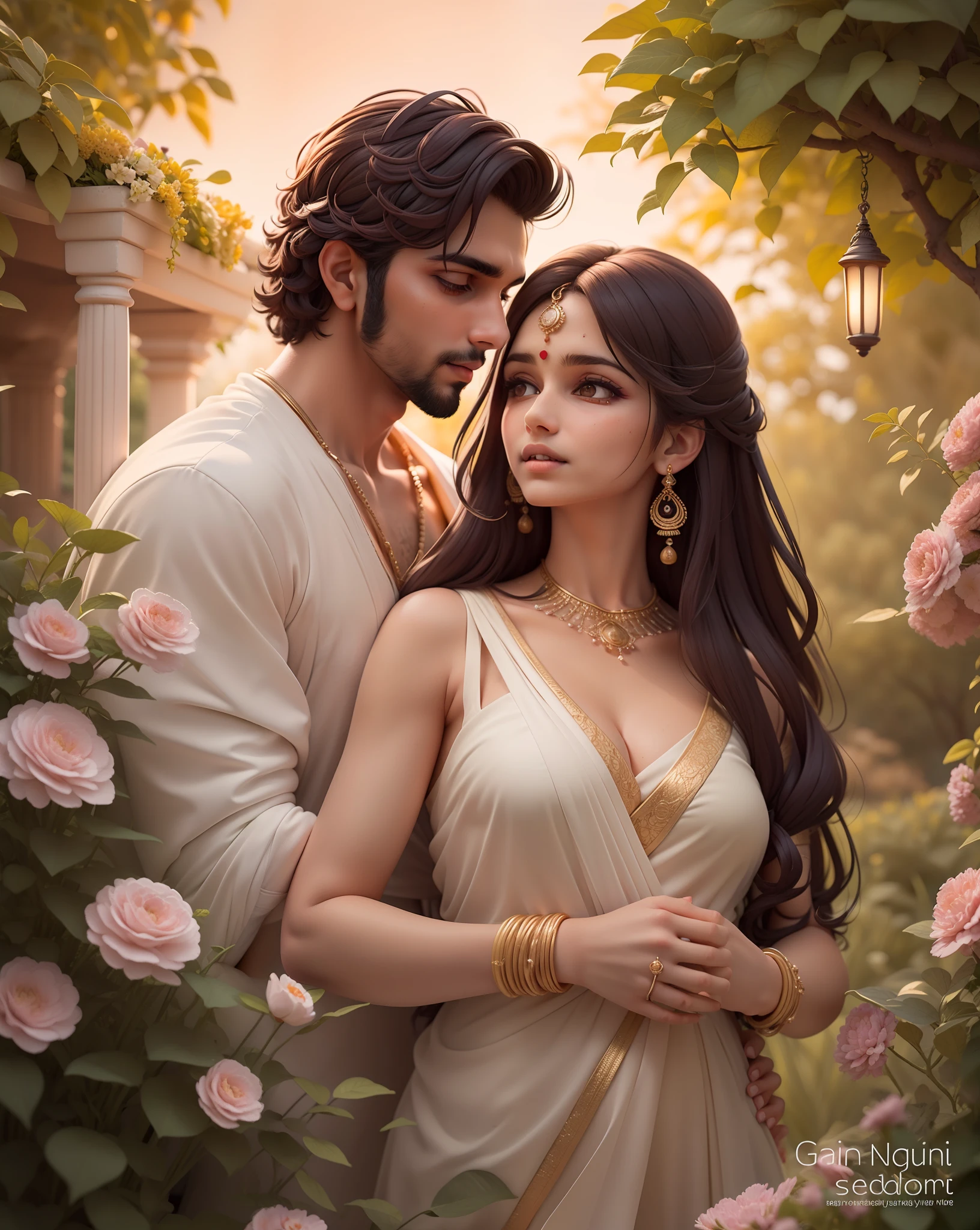 a Beautiful Indian couple of handsome men and beautiful women, romantic pose, in big moon night, dinner in garden, soothing tones, muted colors, high contrast, (natural skin texture, hyperrealism, soft light, sharp, full body), Beautiful background,simple background,