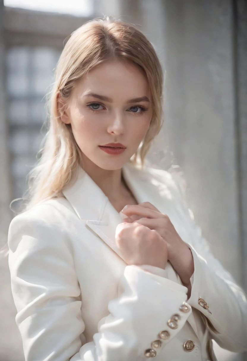 White silk girl high quality white leather coat,The light and shadow effects are intense,tightsuit,Cool mask,Sunlight High resolution Golden ratio,upper body