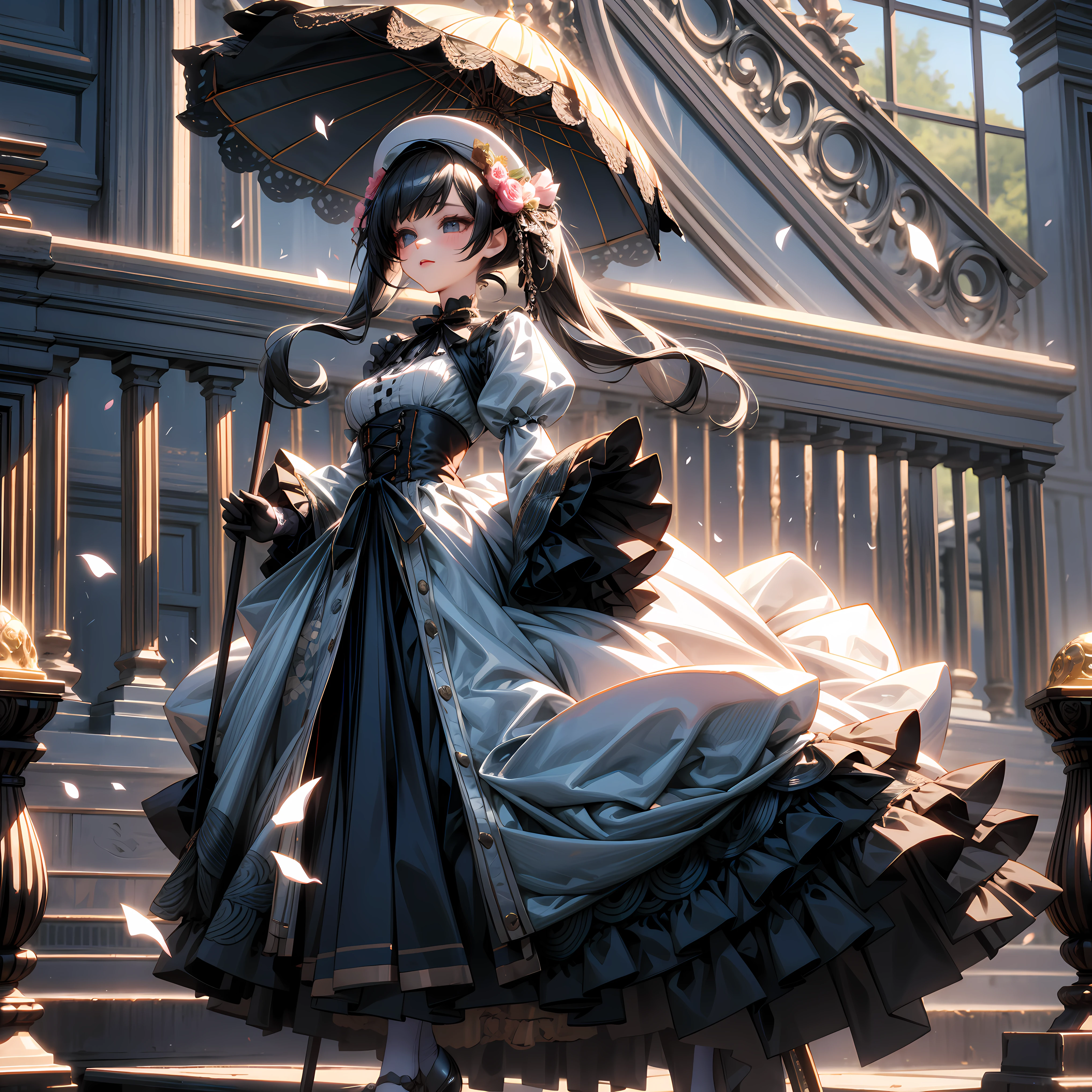 (Masterpiece), (best quality), niji style, silhouette of head of Victorian Girl、miji, kawaii girl、aniime、 1. **lo fashion**: Victorian fashion is characterized by dressy and elegant design。Ruffles and laces、corsets、Try incorporating elements such as long dresses。 2. **hairstyle on**: Women's hairstyles in the Victorian era are often complex and delicate。Upstyling and curling、It is also a good idea to add ribbons and floral ornaments to the hair.。 3. **Features**: girl features with soft features、Beautiful、kawaii、intelligent Beatty, Beautiful 5. **accessorized**: Accessories played an important role in the Victorian era。Hats、gloves、umbrellas, etc.、By drawing accessories with attention to detail、You can give your character personality。 Nice dress、florals、Luxurious costumes、PastelColors, (shining brightly), ((dazzling)), (floating a lot of flower petals, ((3D)),