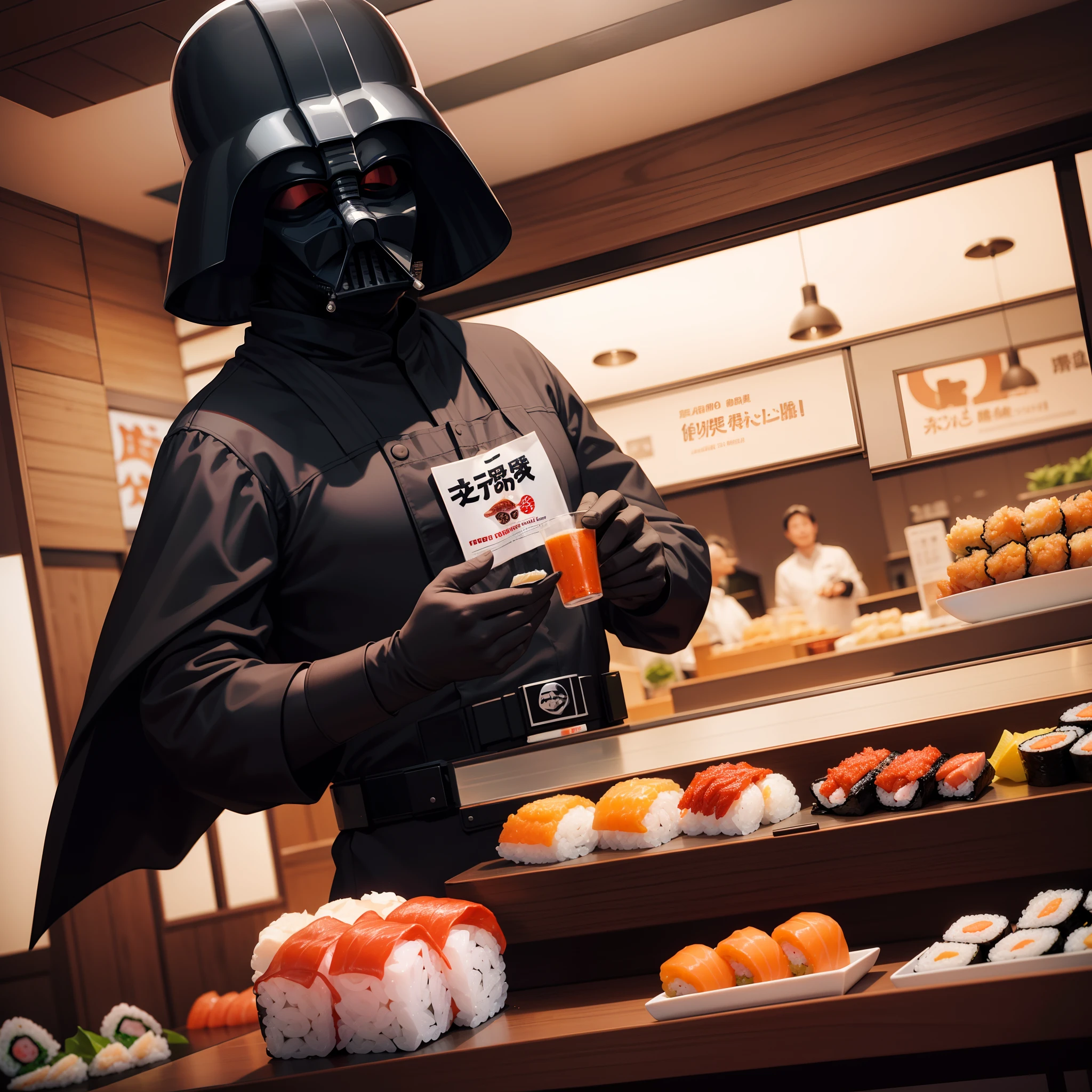 Darth Vader working at a sushi restaurant