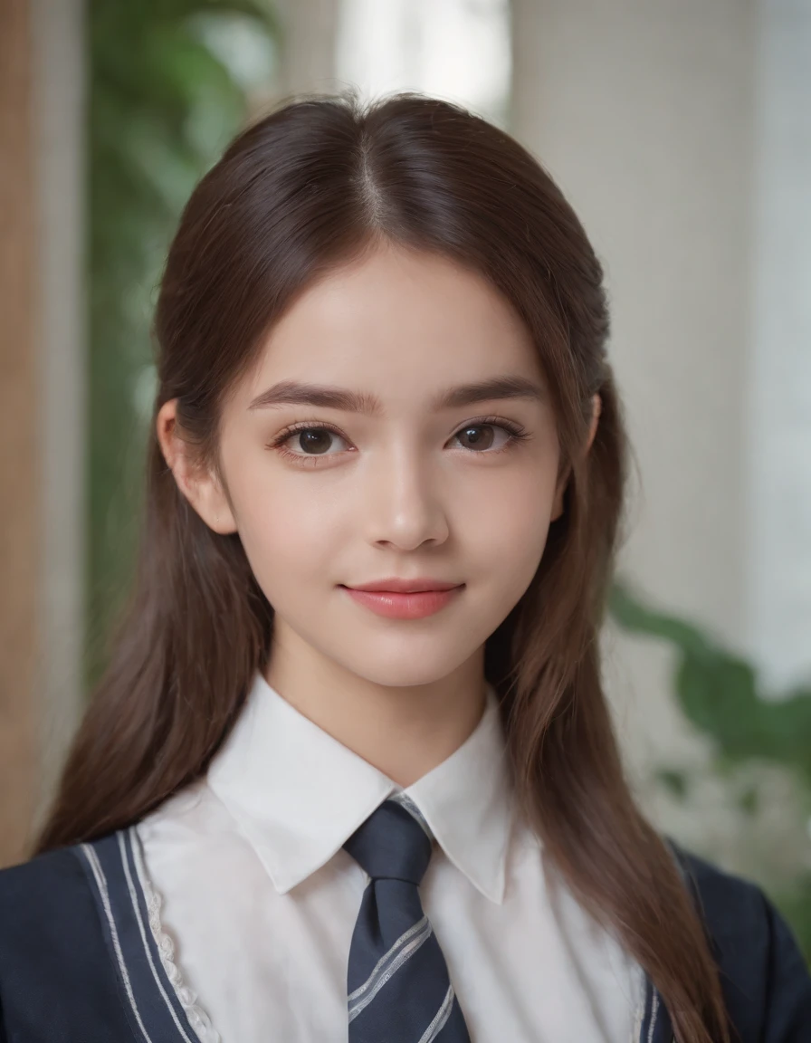1girl in,8K, Raw photography, top-quality, ​masterpiece, realisitic, Photorealsitic, A smile, Schoolgirl Uniform, Pretty beauty，High School Classroom, The upper part of the body,