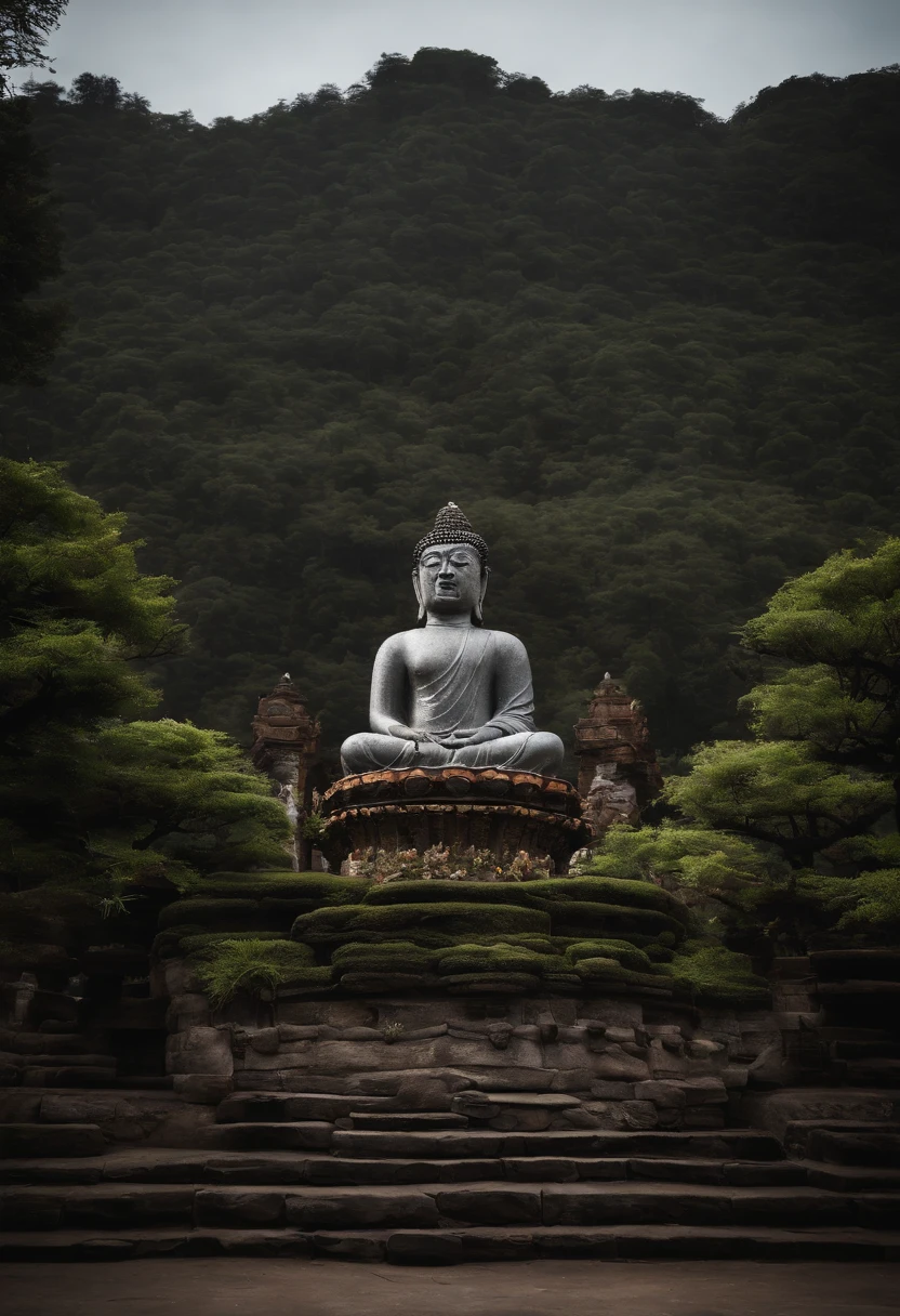 Huge stone Buddha statue,There are steps leading to it, Devout people。Zen temples