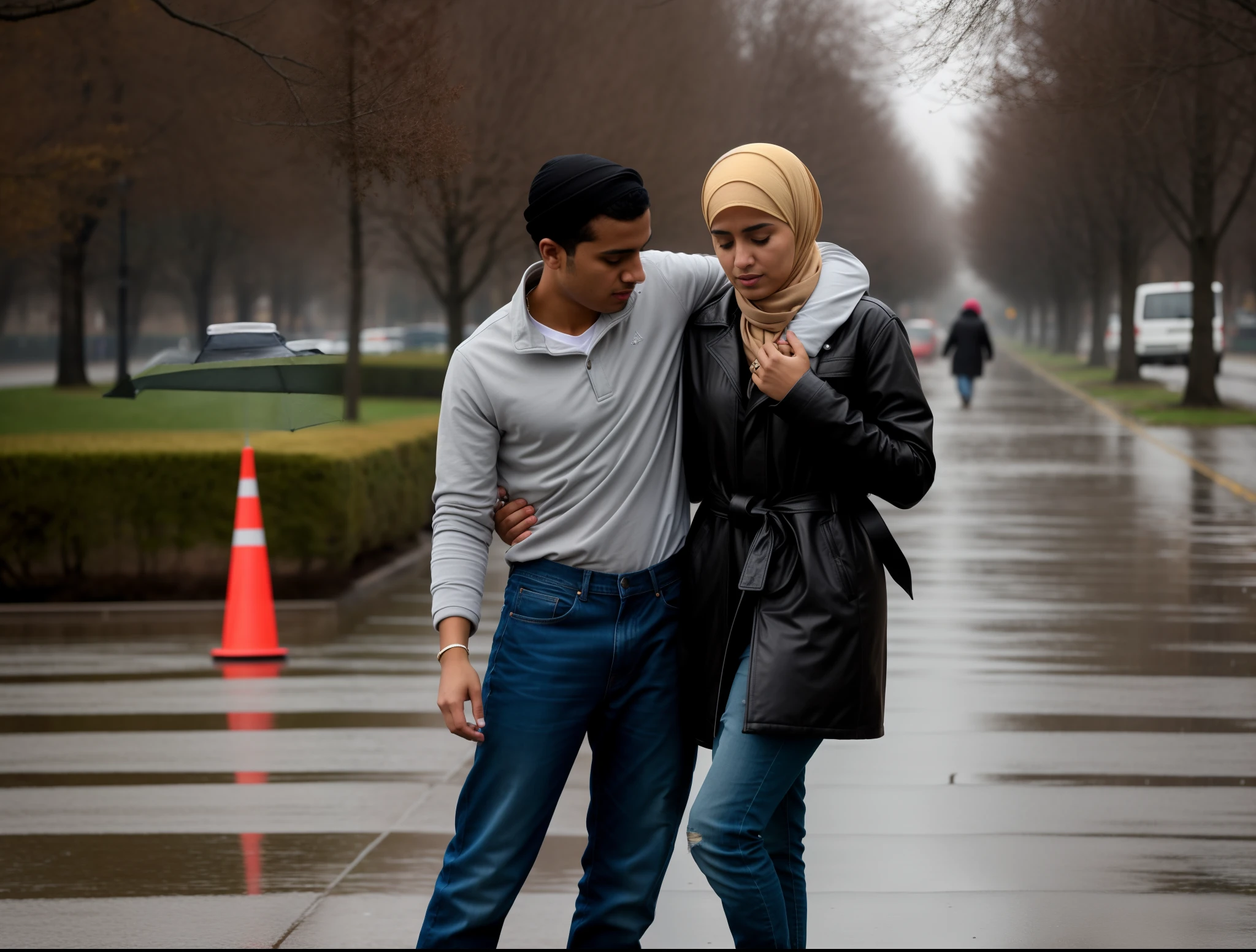 he is almost collapsing with pain, he is nearly fainting, she is holding him up, he is hanging on her shoulder, a muslim woman in a laquered puffy coat, a muslim woman with a shiny headscarf and a laquered downcoat, they are standing very close together, his hand is lying on her shoulder, arm-in-arm, she has her hand around his waist, she is wearing shiny leather pants, she is grabbing his waist, a shorthaired man in a matte tanktop and rough jeans, a shorthaired blond man in rough jeans, a muslim woman in shiny leather pants, a shorthaired blond man in a matte tanktop, a hijabi woman with a very desperate facial expression, a muslim woman in a high shine black down-coat, they are standing arm-in-arm, there is a headscarfed attractive woman wearing a high-shine down-coat, a wetlook puffer-coat, a muslim woman is crying with sorrow, a muslim woman is holding an injured shorthaired boy, there is a boy in rough jeans and a matte tanktop hugging a headscarfed woman that is wearing a very shiny padded laquered coat, a shorthaired blond boy has a painful face and cannot walk, there is a muslim woman giving support to an injured shorthaired boy, a wounded blond and shorthaired boy cannot walk and has to be supported by a woman with hijab, he grabs her shoulder, he has his arm around her shoulder, his hand is on her shouder, a sad looking hijabi woman ia carrying a wounded boy, masterpiece, jeans, boy in a matte cotton tanktop, super detailed background, detailed face, brown eyes, crying out, tears, desperation, pain, agony, accident pose, dramatic suffering pose, hands detailed hands, fingers:5, they are walking in the street together in the rain