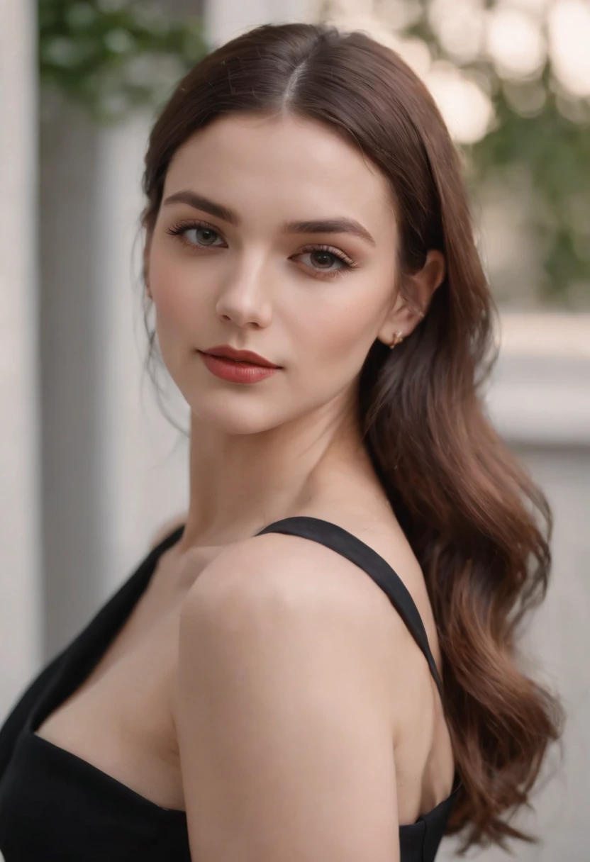 a beautiful woman in a black dress poses with one shoulder, in the style of 8k resolution, warmcore, goosepunk, focus on joints/connections, minimal retouching, handheld, candid