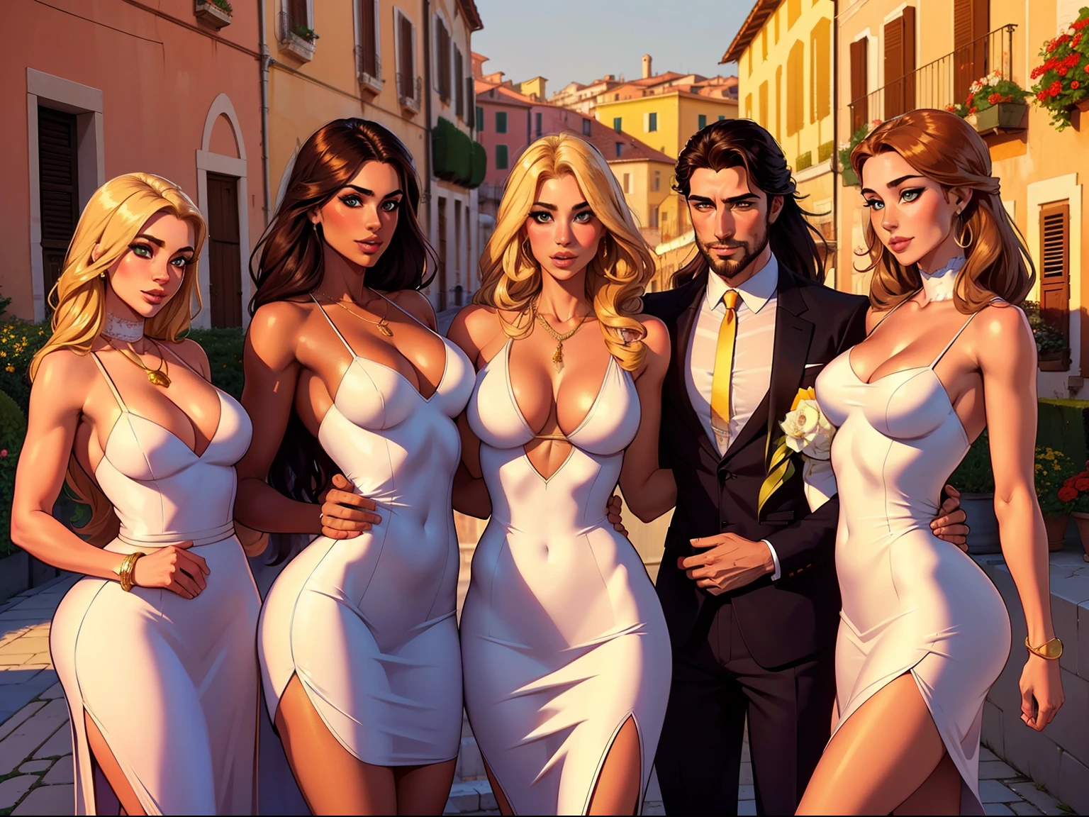 One handsome Chad dressed in a summer suit, he is hugging four beautiful bitches feeling him and touching him,  dressed for exploring Italy looking very formal and classy, perfect athletic bodies, women: long flowing hair and nice asses, flowers in hair, seductive, materials, golden hour, , jewelry, golden hour, photorealistic, masterpiece, in love, grins, perfect faces, Flirtatious, setting: exploring an Italian villa, harem, big beautiful eyes,