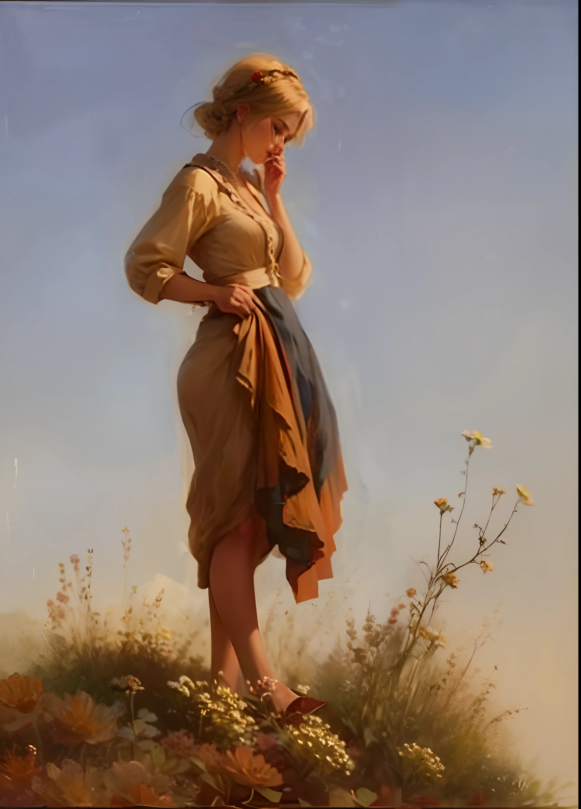 Beautiful blonde woman covered in red cosmos flowers, 8k resolution, artistic style, beautiful detail, Lady with Flowers by Leopold Schmutzler