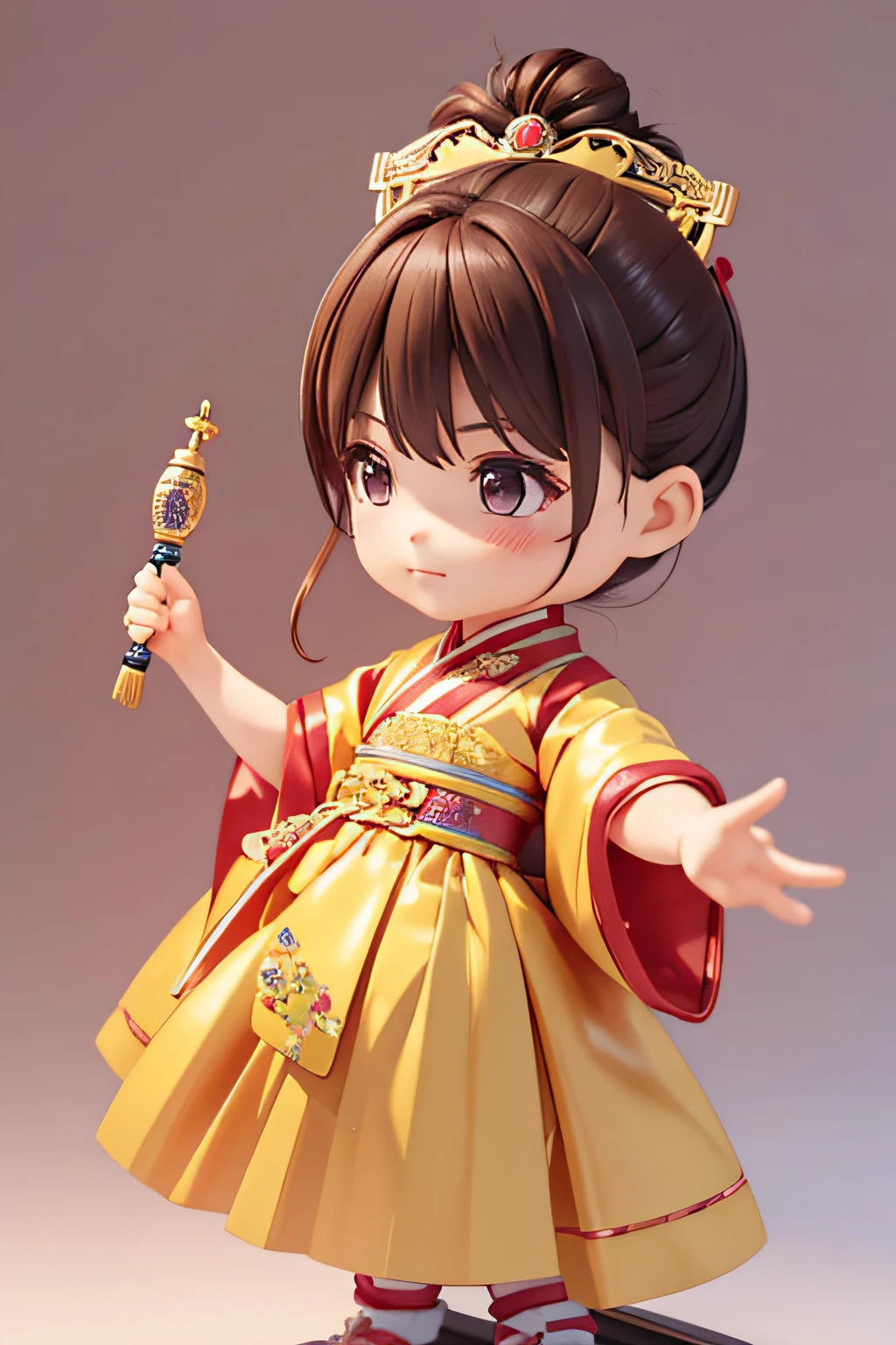 a super cute IP by POP mart, chibi, Chinese Peking Opera elements, with one bun of hair tied, a chubby face, brown hair, holding a rectangle in his hand, Chinese style, Chinese dress, plain hanbok, posture cute, with sparkling eyes best qulity, clay material, full body, clean background, studio light, ultra-detail, 3D, C4DBlender, OC renderer, ultra HD, 3D rendering, model, blind box toy, smooth and delicate, clean background, 3D rendering, extreme detail, 8k, extreme clarity, high sharpening, ray tracing, particle effects, studio lighting, Rembrandt effect, HD quality, HD colour contrast