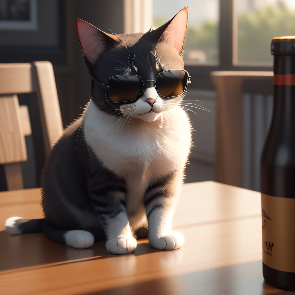 blqck cat wearing sun glasses on table, photorealistic, 4K, ultra detailed, vray rendering, unreal engine, midjourneyart style