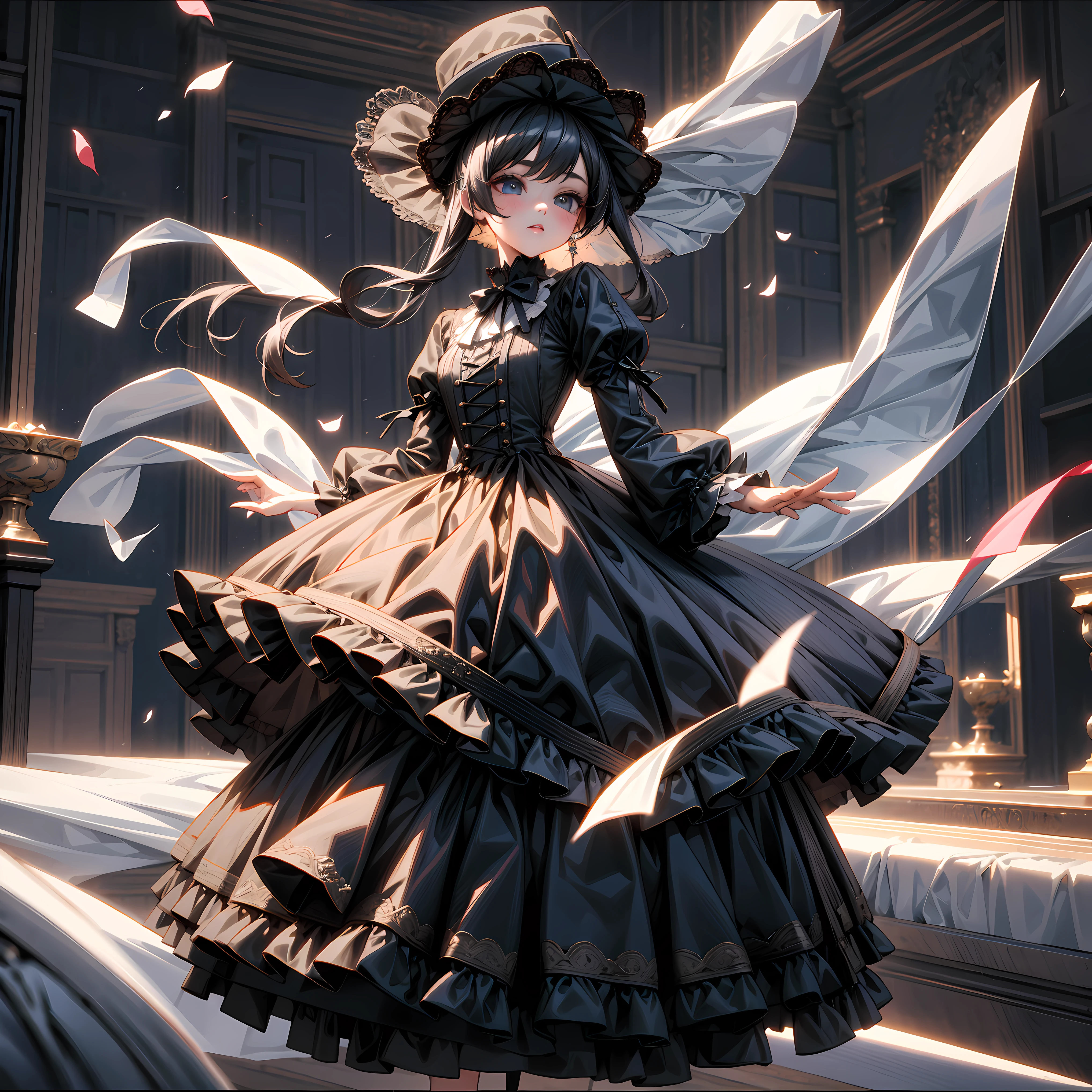 (master part), (best quality), estilo niji, Victorian girl's head silhouette、Cidades, kawaii 、aniime、 1. moda: Victorian fashion is characterized by sleek and elegant design。Ruffles and laces、Espartilhos、Tente incorporar elementos como vestidos longos。 2. penteado em: Women's hairstyles in the Victorian era are often complex and delicate。Upstyling e curling、It's also a good idea to add ribbons and floral ornaments to your hair.。 3. Characteristics: Features of the girl with soft features、Beautiful、kawaii、inteligente Beatty, Lindo 5. Accessorized: Accessories played an important role in the Victorian era。hats、Luvas、Guarda-chuvas, etc.、Calling accessories with attention to detail、You can give personality to your character。 vestido bonito、Floral、Trajes luxuosos、PastelColors, (brilhando intensamente), ((deslumbrante)), (floating a bunch of flower petals, ((..3d)),