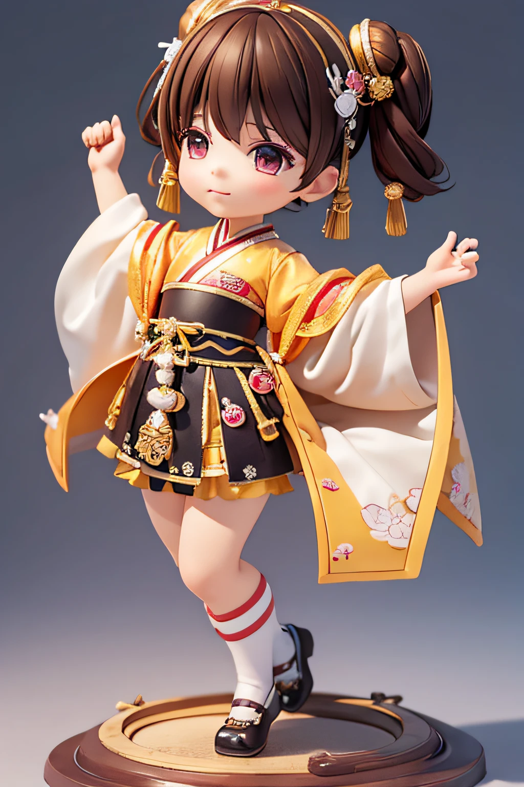 a super cute IP by POP mart, chibi, Chinese Peking Opera elements, with one bun of hair tied, a chubby face, brown hair, holding a piece of steel in his hand, chinese style, full body, clean background, studio light, ultra-detail, 3D, C4DBlender, OC renderer, ultra HD, 3D rendering, model, blind box toy, smooth and delicate, clean background, 3d rendering, extreme detail, 8k, extreme clarity, high sharpening, ray tracing, particle effects, studio lighting, Rembrandt effect, hd quality, hd colour contrast