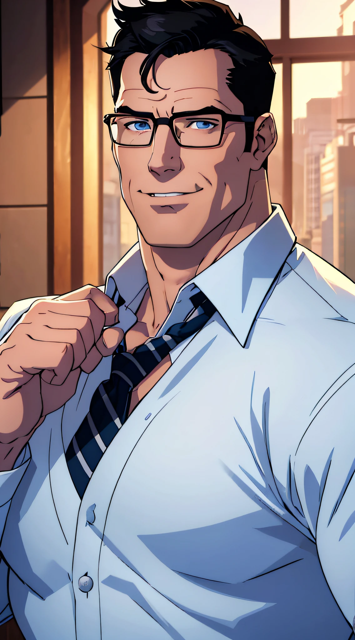 1 man, solo, Clark Kent , muscular male, daddy, macho, large pectorals, male focus, middle-aged man, glasses, black hair, short hair, a strand of hair on forehead, blue eyes, smiling, face focus, white formal shirt, upper body shot, skycrapers, ((masterpiece))