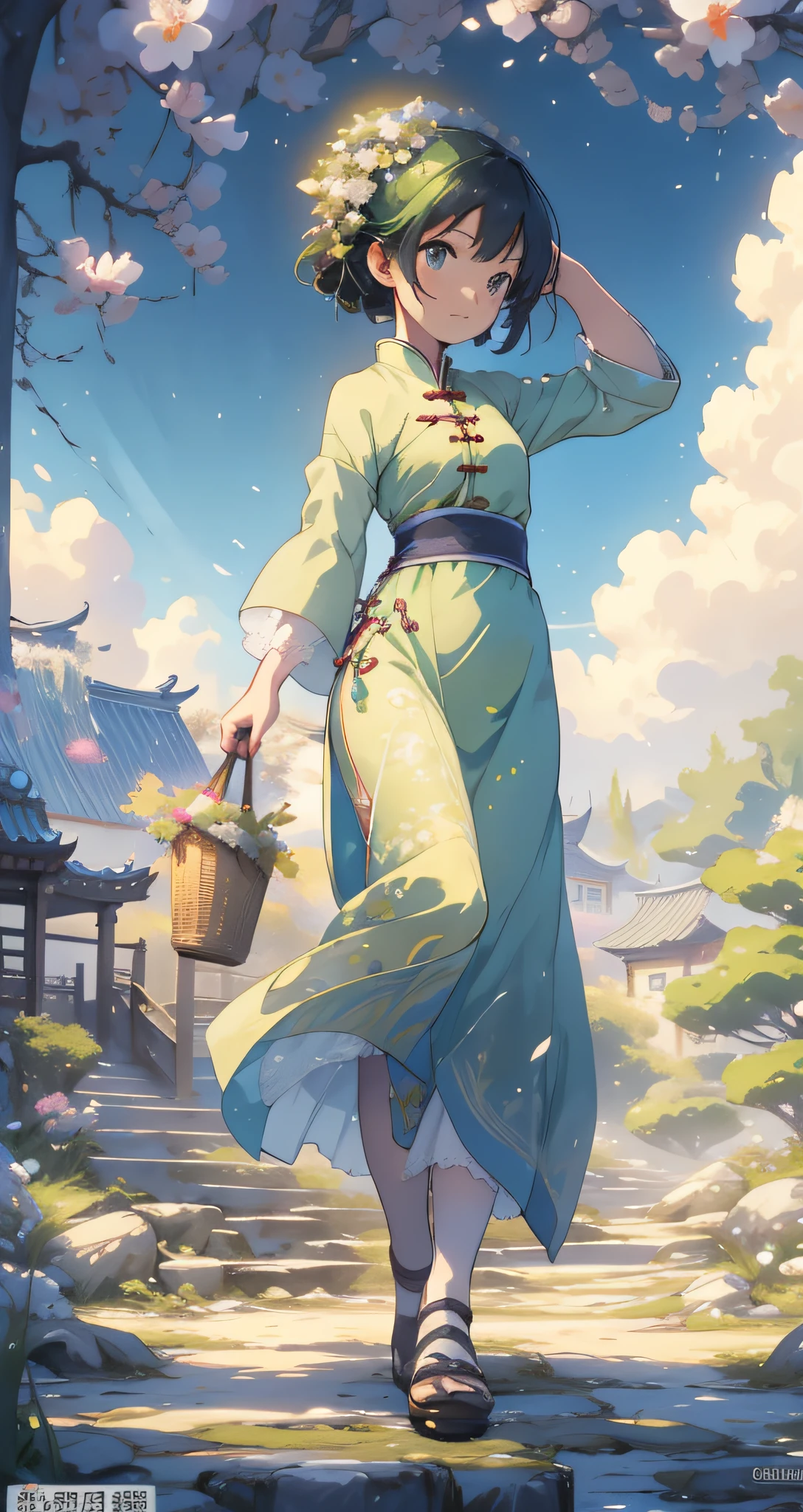 An enchanting depiction of the Spring begins Chinese solar term festival,spring, A very cute little girl, with bright green hues in spring, a pleasant and relaxed atmosphere. Green grass, various plants, cartoon style, mountains, clouds,watercolor painting, sense of light,fairy- tale, fantasy, bright background, Artwork, flat il- lustration, Victo Ngai style, 16k ,super detailed