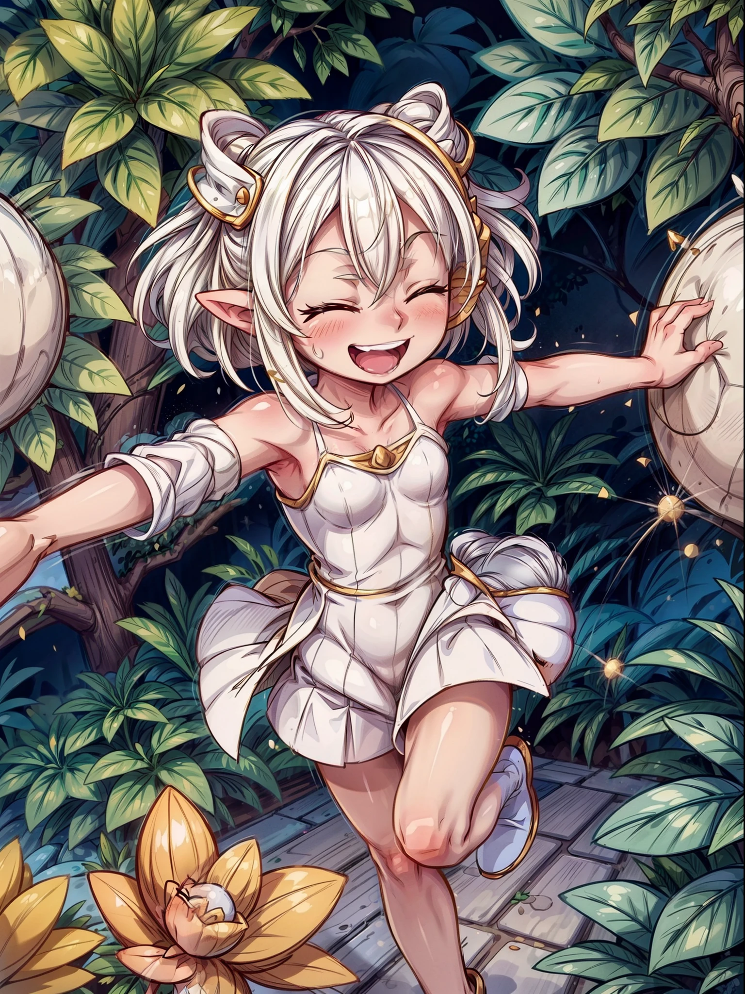 1girl,10 years,solo,happy,smile,white dress,small tits,white hair,short hair,closed eyes,elves ears,,golde tiara,Detailed ,(((running on the garden)))