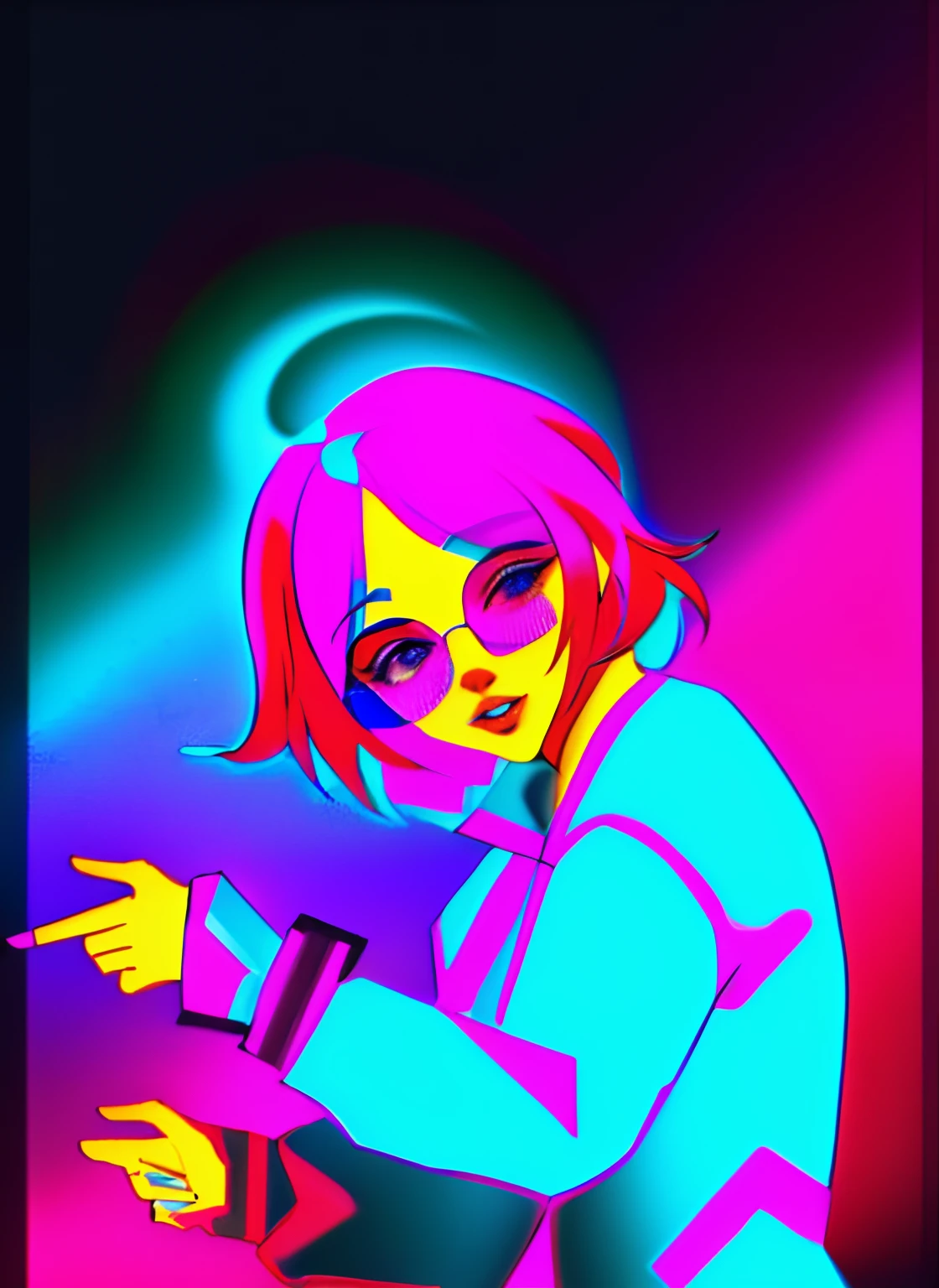 drawing of a woman, full colored drawing, digital art, synthwave, retro background