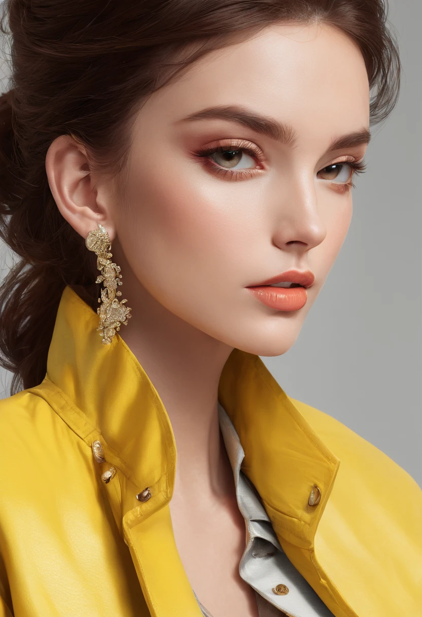a woman in a yellow jacket and earrings, in style of digital illustration, digital art of an elegant, drawing style, luxury fashion illustration, beautiful yellow woman, illustration style, cartoon style illustration, detailed fashion illustration, trending on artstration, beautiful drawing style, glossy digital painting, digital drawing, detailed woman, stunning art style