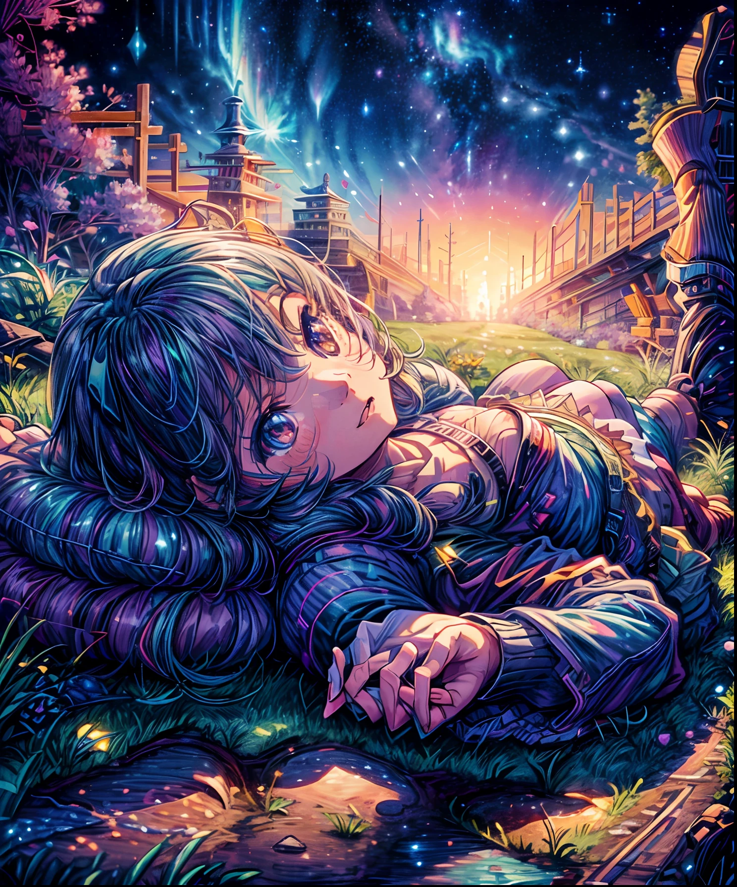 Describe a scene where a cute girl character is lying on a grassy hill, Looking up at the starry sky. Surround her with colorful nebulae and her favorite constellations.