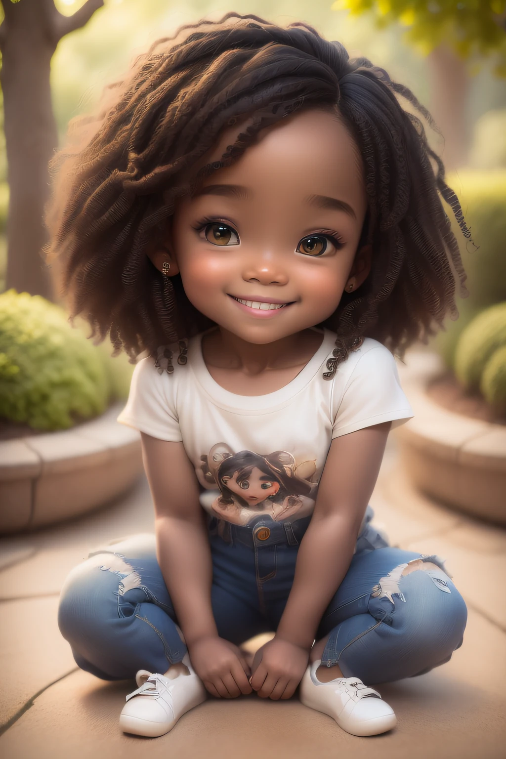 chibi 1 African children dark brown skin:5, cute smile, sitting ((full body))) "singing with a microphone" realistic shadows, sparkling eyes, detailed skin, slightly sparkling light brown eyes, pose for photo, long black hair and curly, flowers in hair, rapunzel style, very detailed, highly detailed 8k face, perfect face shape, perfect full lips, perfect nose, beautiful and correct eyes, observant, wedding dress: 3.45, hair flowers, artwork raw, best quality, single, jeans, alone, advanced chibi