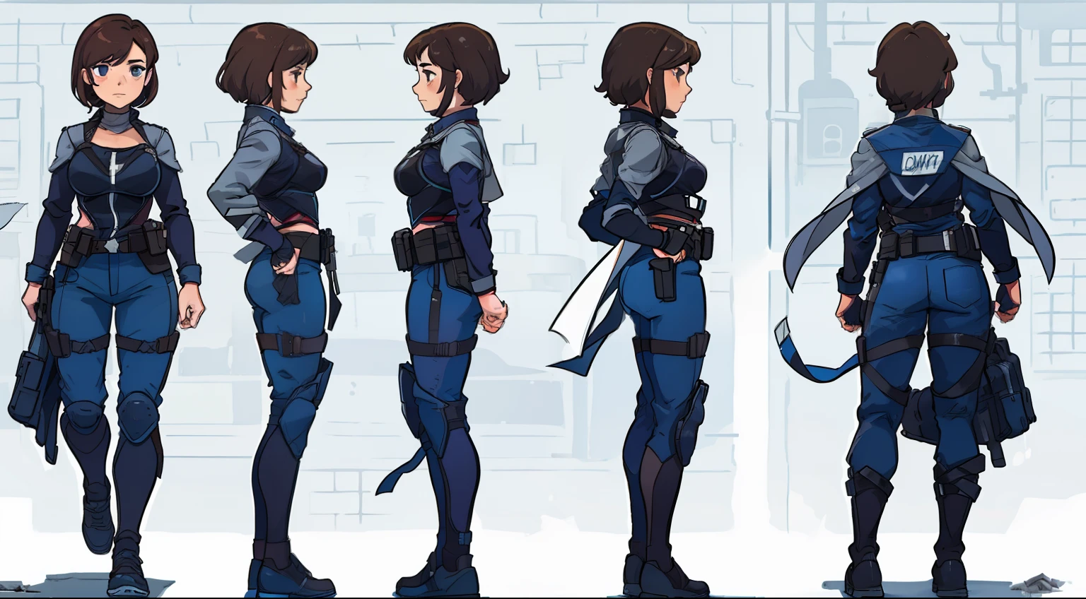 (Same character, front, side, back), simple background (full body), Françoise Dupont as a young female vigilante. Brunette