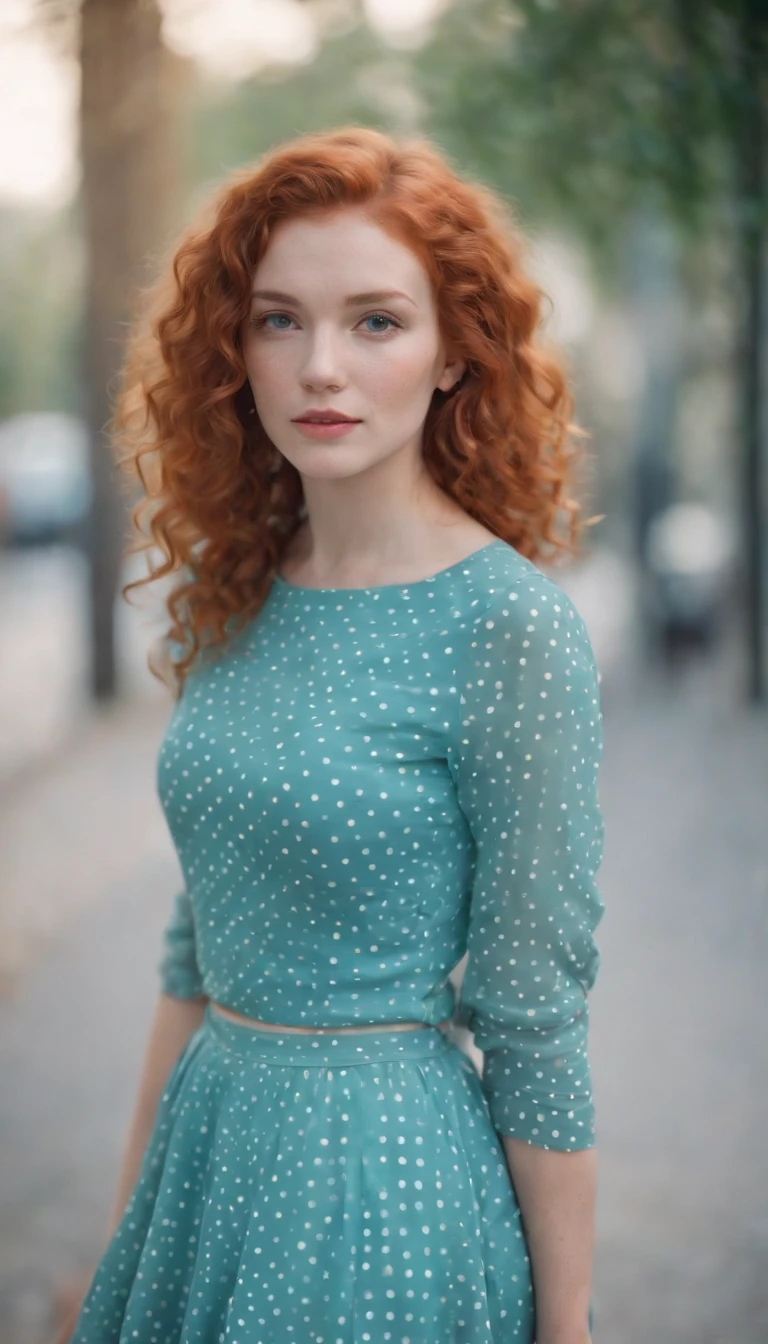 the portrait of a young woman with curly red hair and polka dot skirt, in the style of light orange and turquoise, vibrant color gradients, playful expressions, normcore, vibrant and textured, 1970–present, shiny