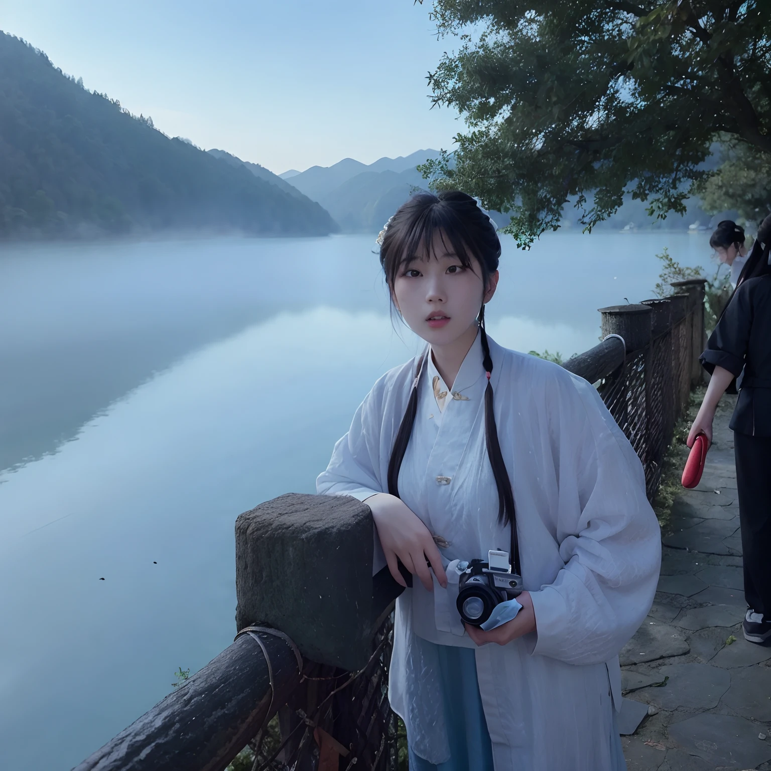 There was a woman standing by the fence with a camera, xintong chen, inspired by Ma Yuanyu, Lake in the background, wenfei ye, huifeng huang, xiaofan zhang, xue han, xiaolong wang, Wang Qichao, Zhang Wanting, Lin Qifeng, Zhang Pengzhen, wenjun lin, mingchen shen