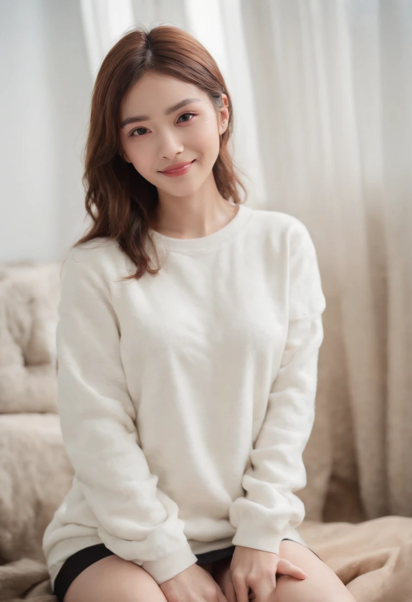 ((of the highest quality, 8K,Raw photo)), (Realistic, Photorealistic: 1.37), (Face Focus: 1.1), A smile、Small breasts, flat chest, Longhaire, A Japanese Lady、20yr old、Japan idol system、(white sweatshirt: 1.1)、Skirt, Sitting,