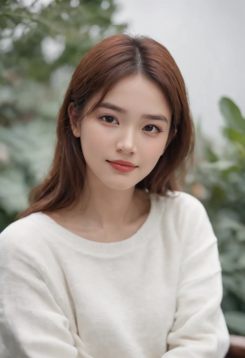 ((of the highest quality, 8K,Raw photo)), (Realistic, Photorealistic: 1.37), (Face Focus: 1.1), A smile、Small breasts, flat chest, Longhaire, A Japanese Lady、20yr old、Japan idol system、(white sweatshirt: 1.1)、Skirt, Sitting,