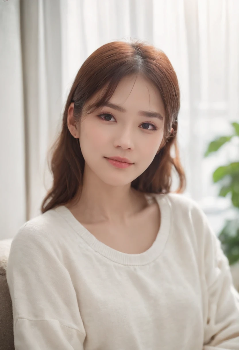 ((of the highest quality, 8K,Raw photo)), (Realistic, Photorealistic: 1.37), (Face Focus: 1.1), A smile、Small breasts, flat chest, Longhaire, A Japanese Lady、20yr old、Japan idol system、(white sweatshirt: 1.1)、Skirt, Sitting,