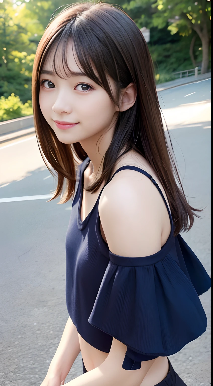 (Raw photography:1.2)、top-quality、Detailed beauty、Beautuful Women、The most beautiful women in the world、Beautiful sharp face、面長、21years old、A smile、Happy smile、light brown hair、fluffy and voluminous hair、extra detailed face、beatiful detailed eyes、eye line、Nasal nose、a small face、small tits、tiny chest、Natural sunlight、depth of fields、Blurry background、hight resolution、8k wallpaper、finely detail、Very detailed 8k wallpaper、电影灯光、sexy pose、(photorealisim:1.4)、super detailing、masterpiece、croptop、Small T-shirt、hotpants、shot from a side angle、Road by the sea、lean against the wall、