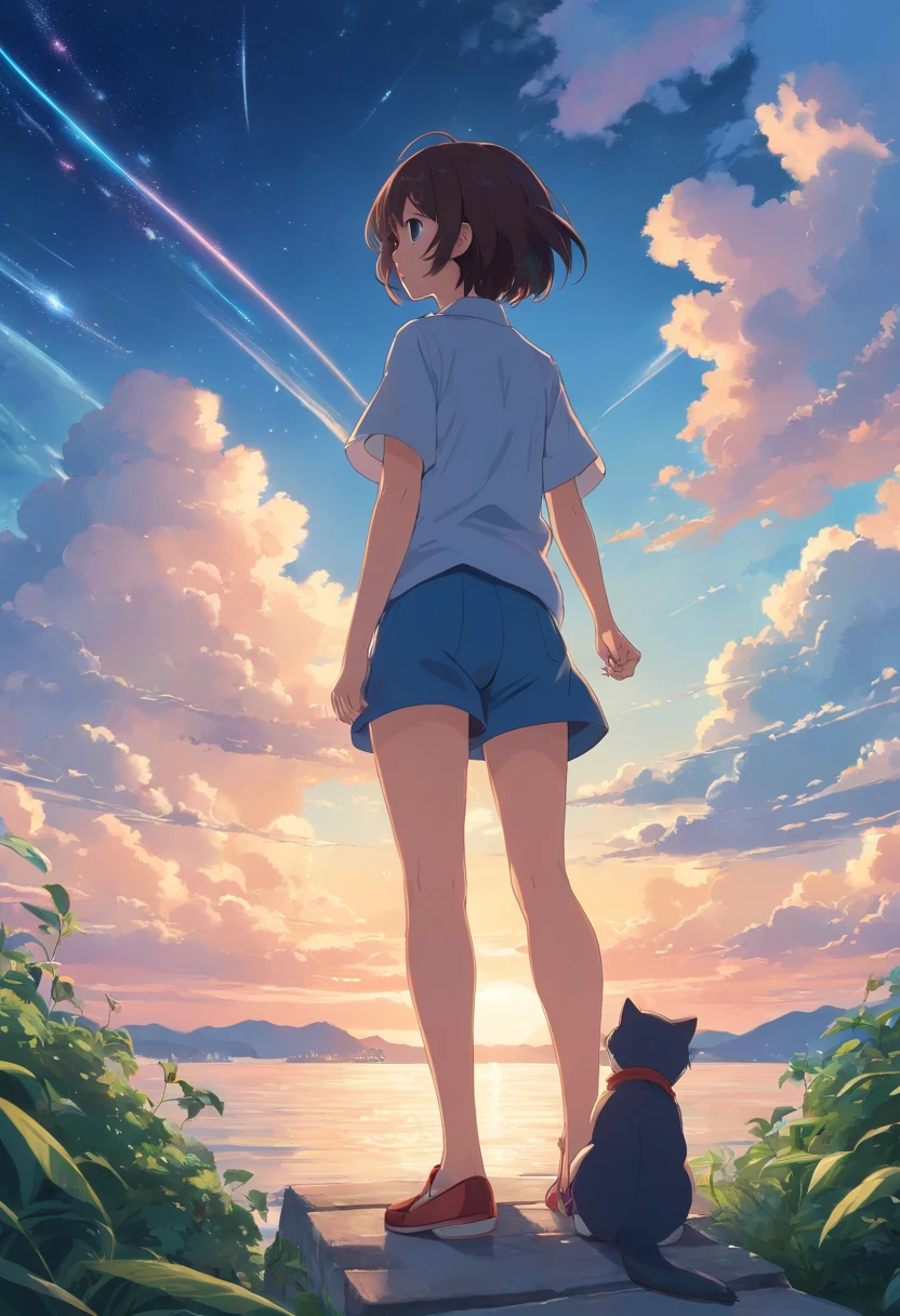 Young woman with short hair Japan、Look back and look up at the sky、slender、onepiece