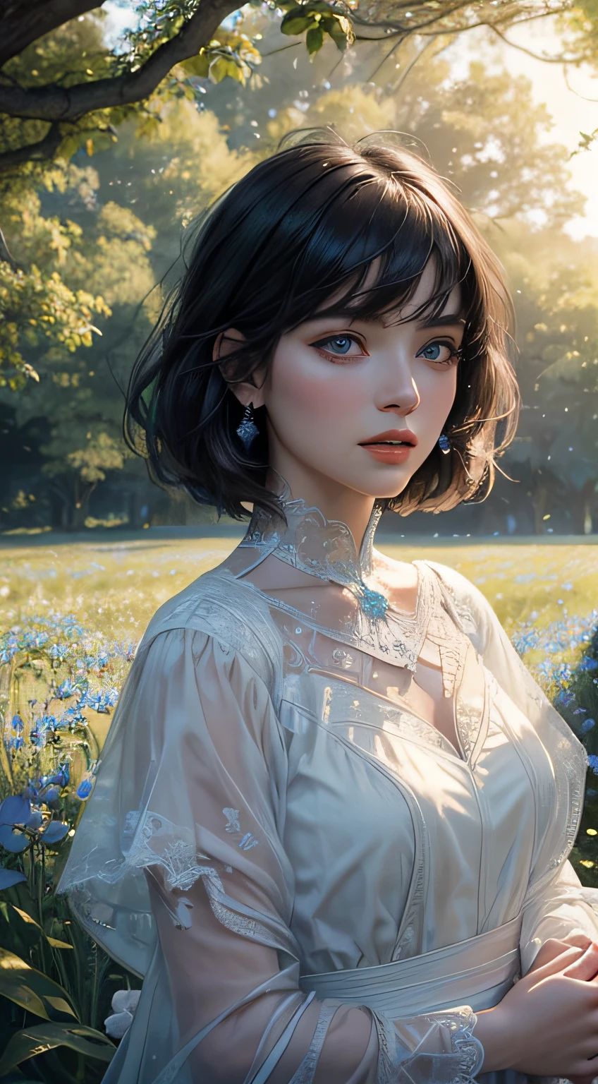 A woman in a white dress standing in a field of flowers - SeaArt AI